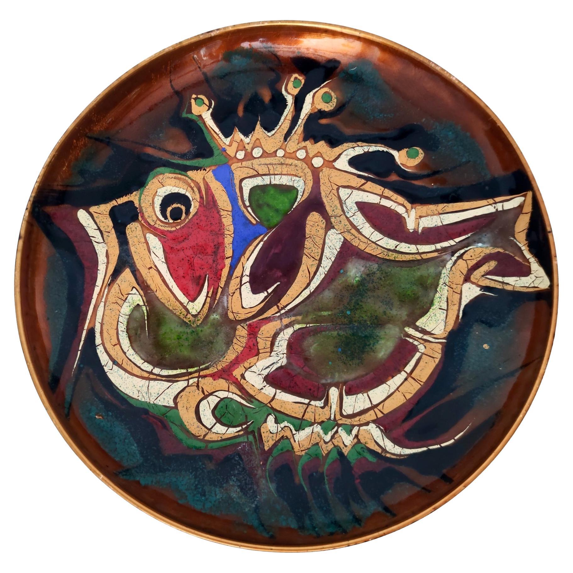 Vintage Copper Vide-Poche / Decorative Plate with a Hand-Painted Fish For Sale