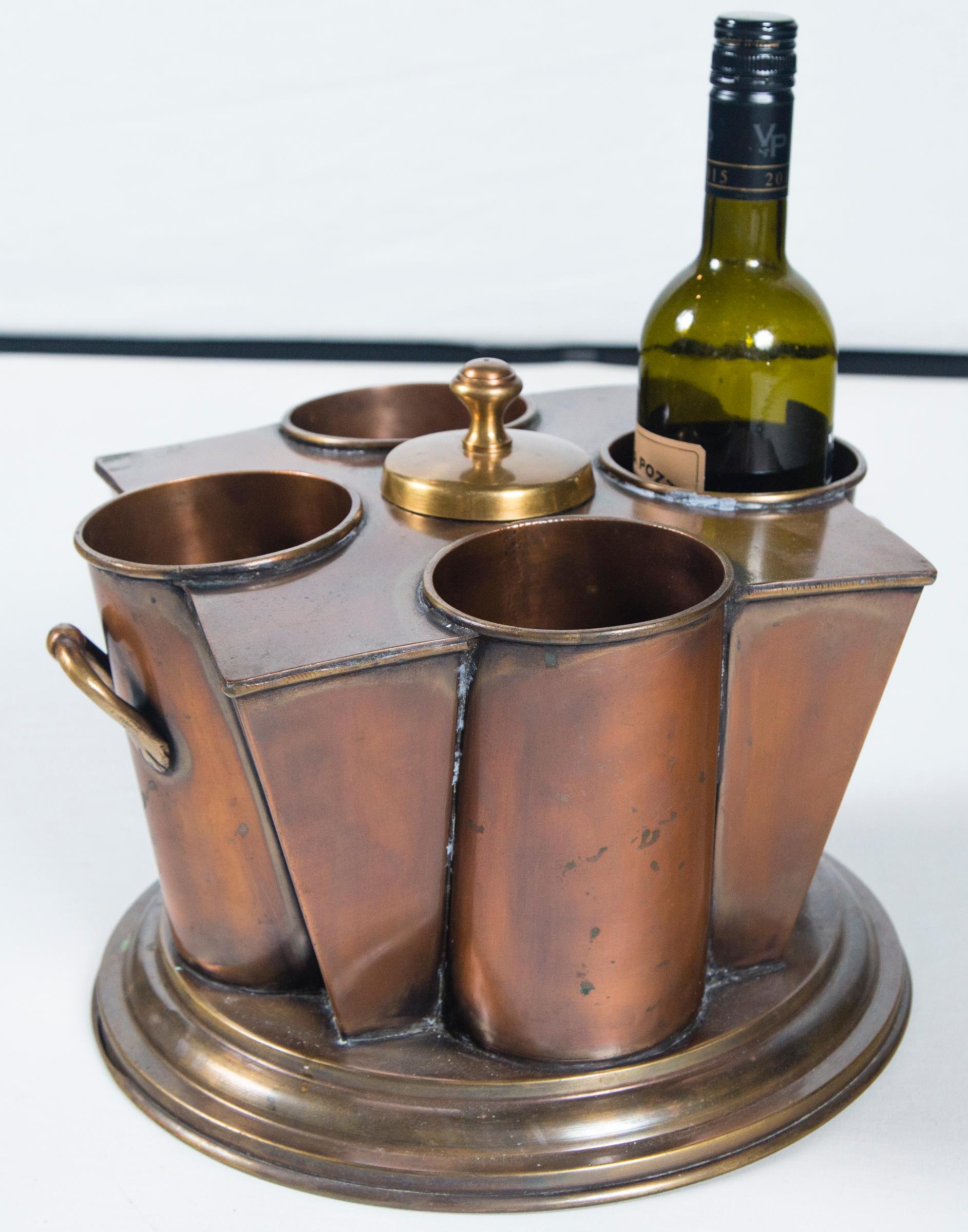 Vintage copper wine cooler, 4 bottles. Center section for ice.
