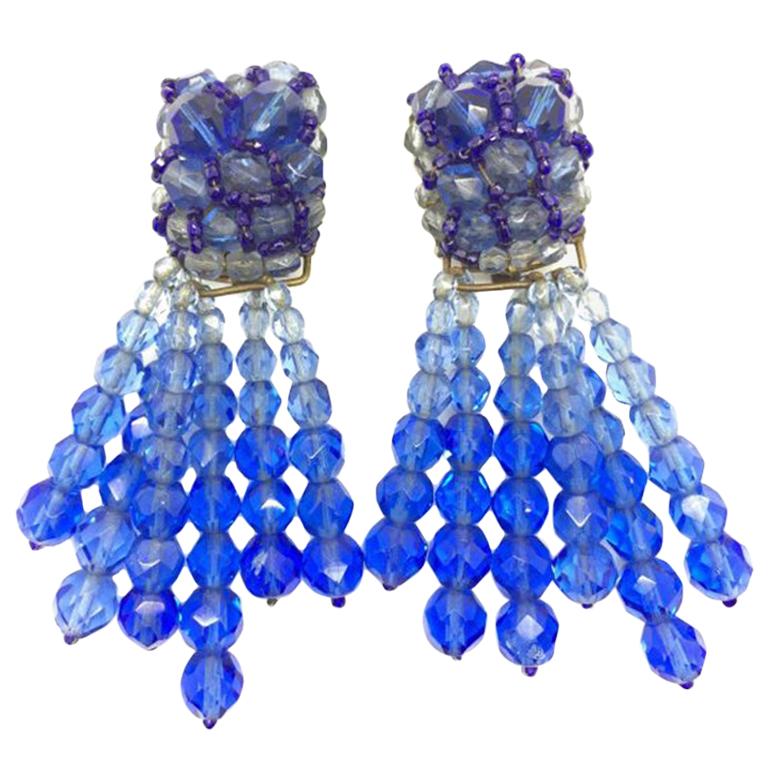 Vintage Coppola E Toppo Ocean Blues Crystal Tassel Earrings 1950S For Sale