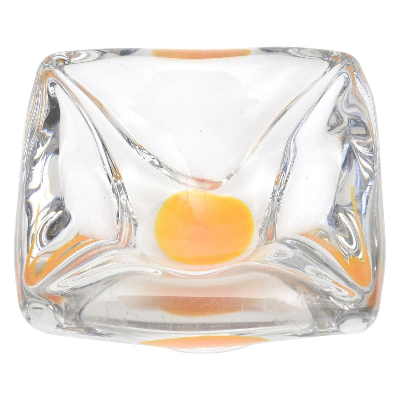 Vintage Coquille Flygsfors Handblown Glass Bowl With Yellow Center Swedish 60s en vente