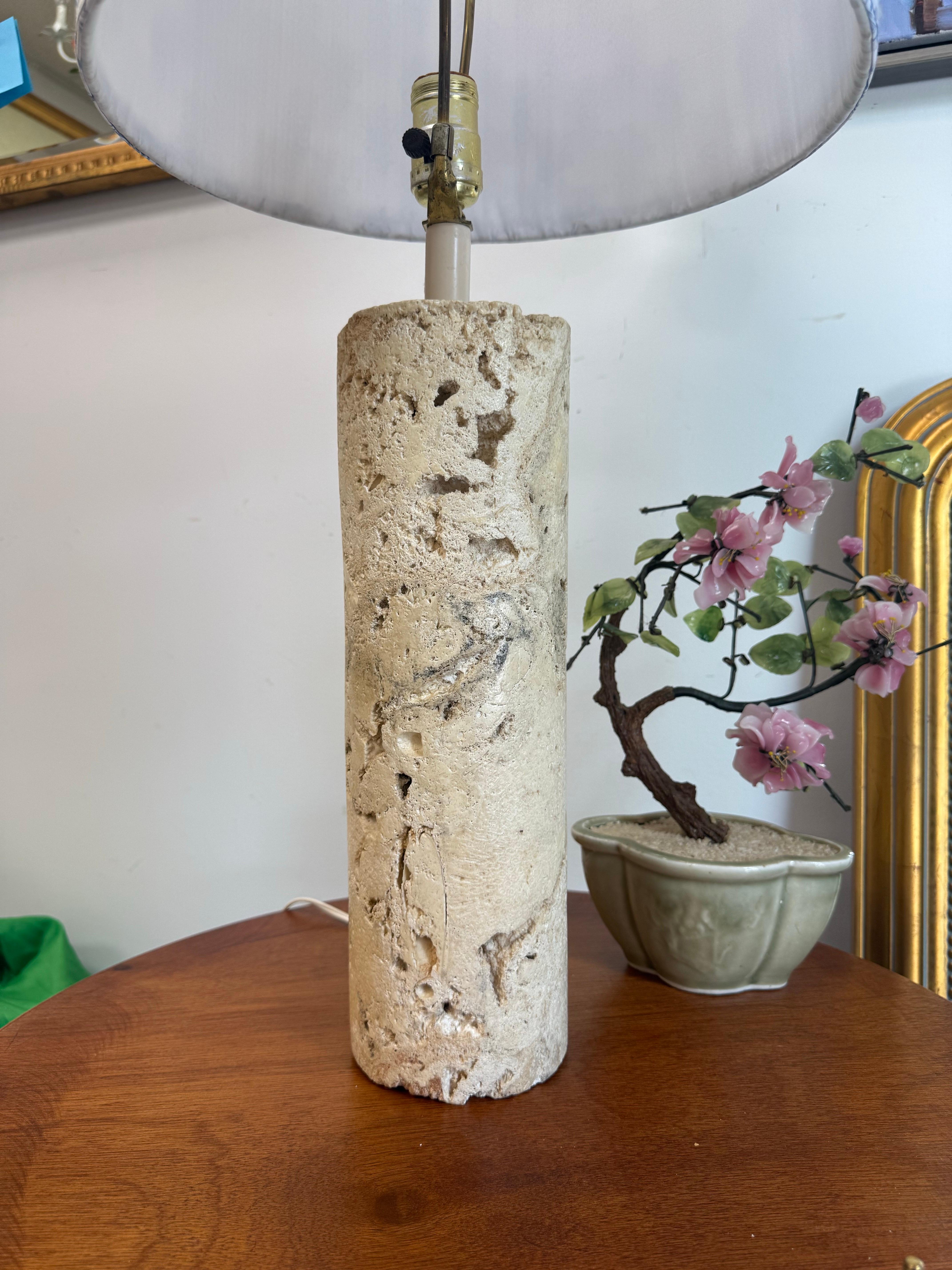 Bohemian Vintage Coquina Stone / Key Stone Base Cylindrical Table Lamp For Sale