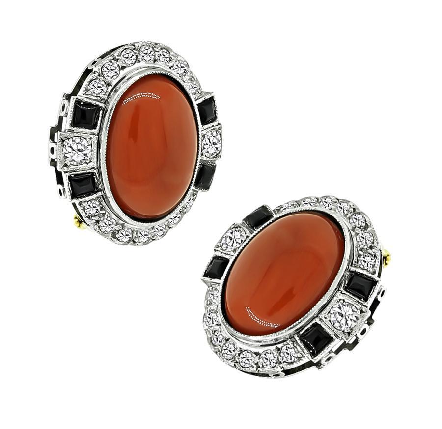 Onyx-Ohrringe, Koralle 0,75 Karat Diamant, Vintage (Cabochon) im Angebot