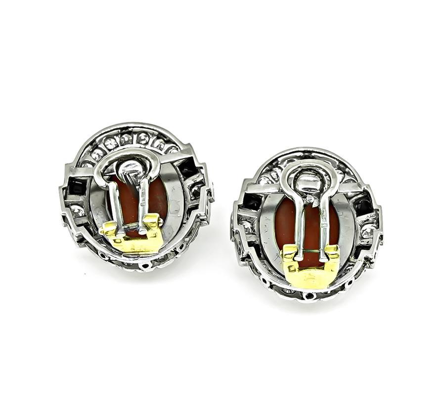 Onyx-Ohrringe, Koralle 0,75 Karat Diamant, Vintage im Zustand „Gut“ im Angebot in New York, NY