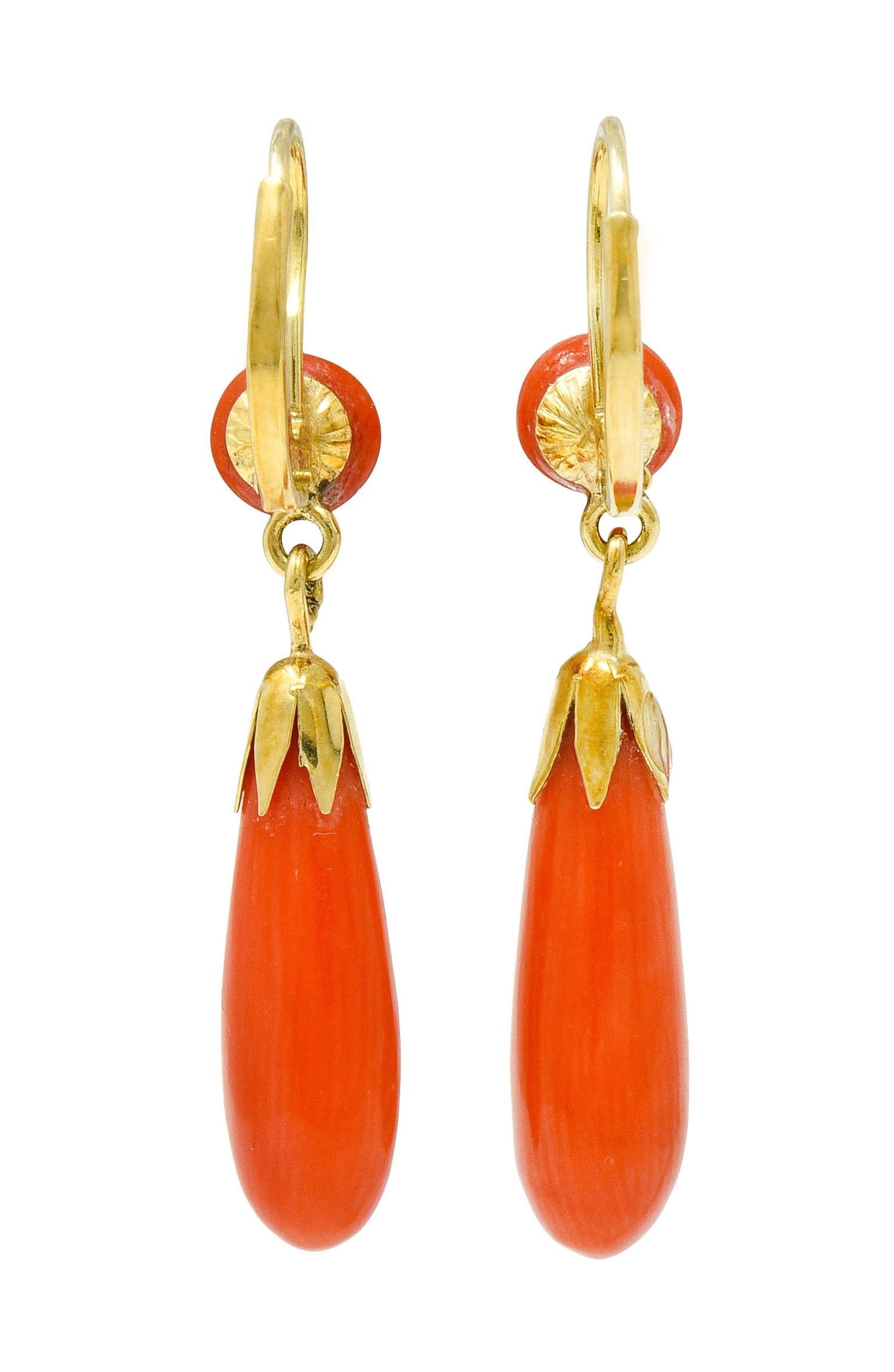 Cabochon Vintage Coral 14 Karat Gold Drop Earrings