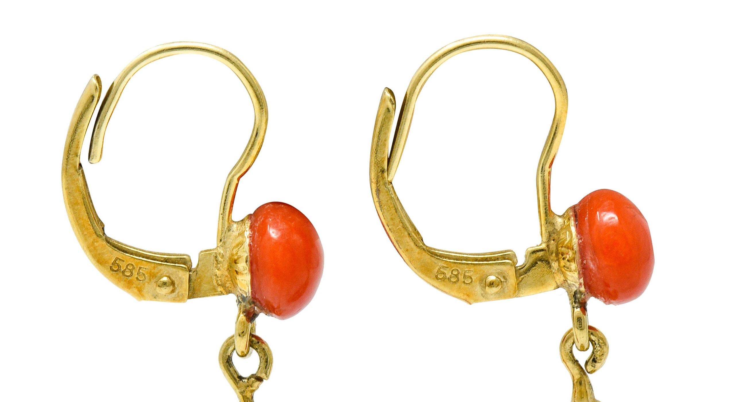 Vintage Coral 14 Karat Gold Drop Earrings In Excellent Condition In Philadelphia, PA