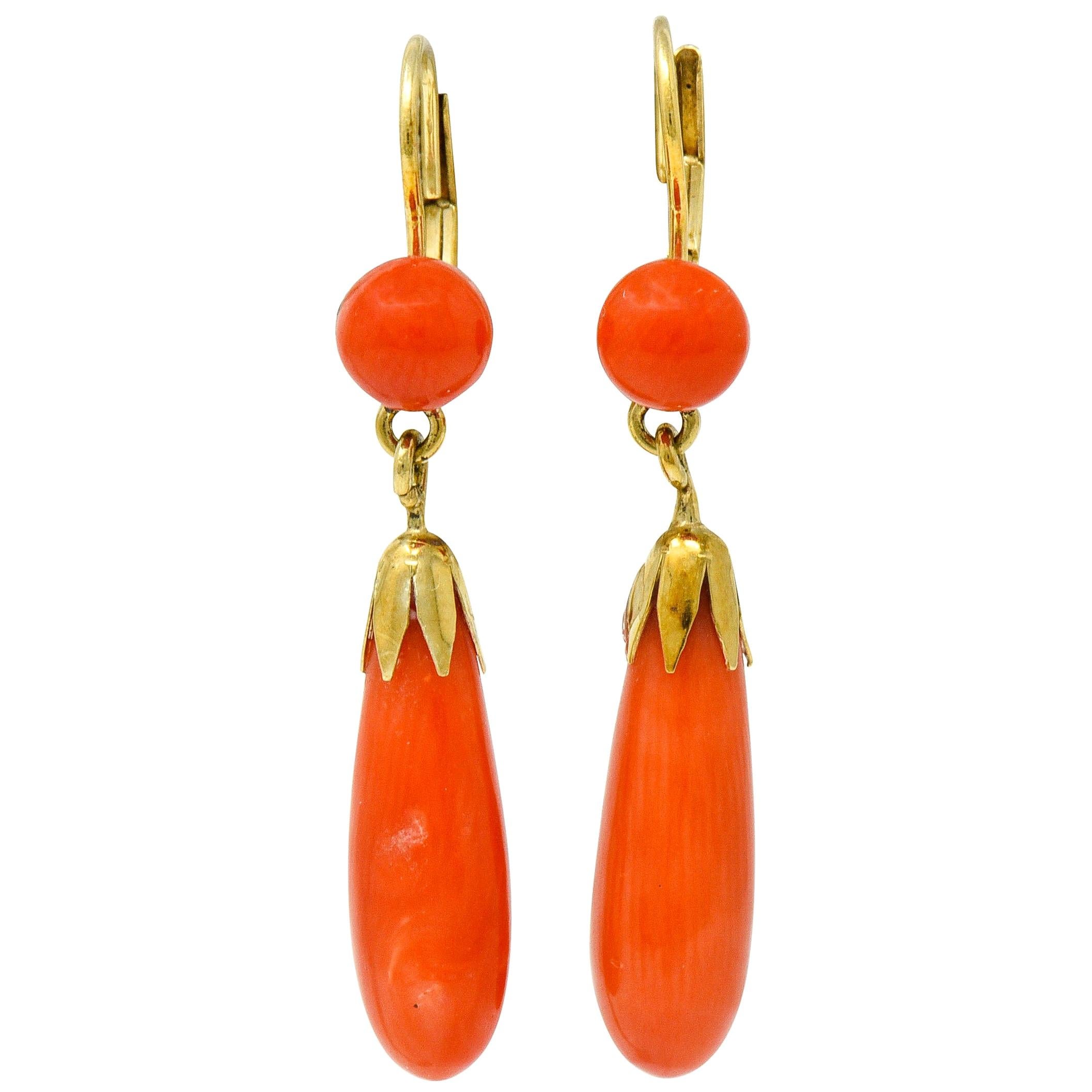 Antique Carved Coral Gold Drop Earrings at 1stDibs