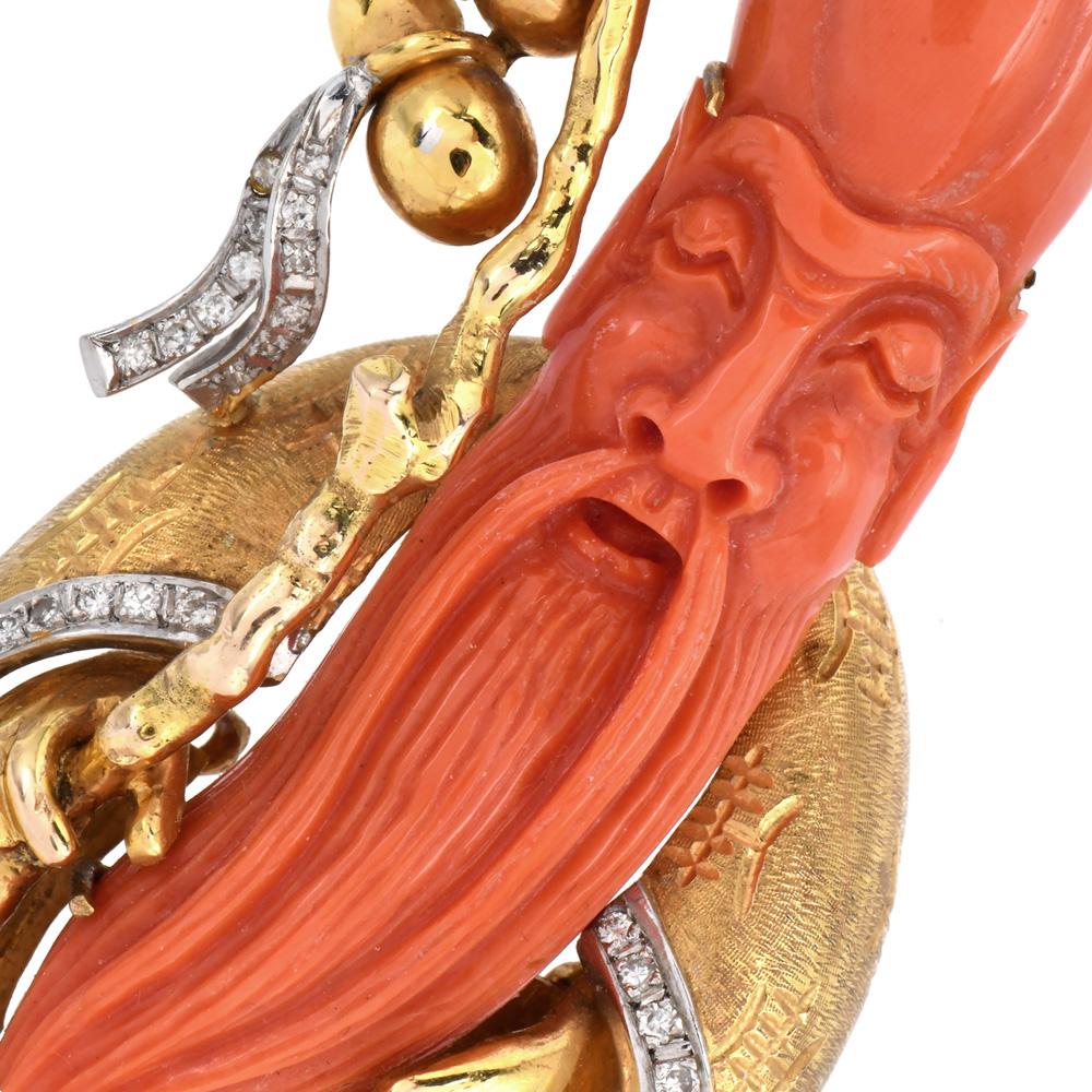 This unique hand made Vintage 1950s brooch captures the essence of Chinese mythology with a meticulously carved figure of Shou Lao, the god of longevity, crafted in radiant 14-karat yellow gold.

The centerpiece is a striking red carved monk face,