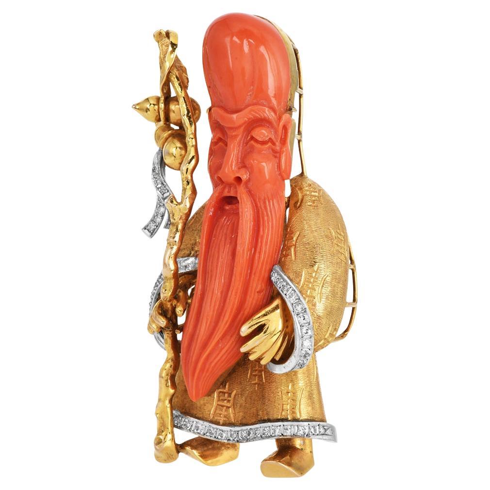 Vintage Coral 18K Gold Chinese Monk Shou Lao Large Brooch Pin For Sale