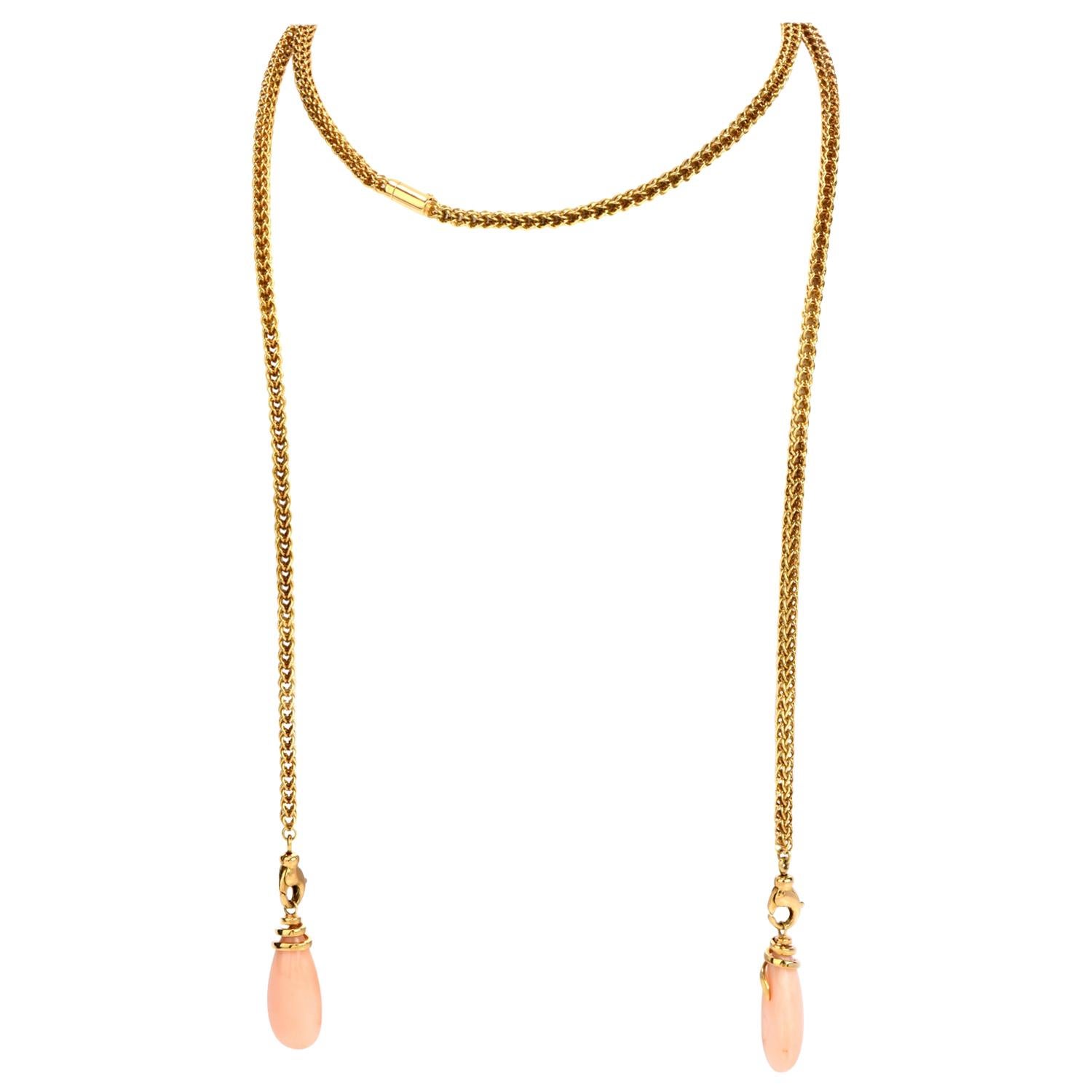 Have multiple beautiful pieces of jewelry in one with this versatile Vintage Coral 18K Gold Convertible Drop Necklace and Earring Jackets! 

This rope chain necklace is crafted in 18-karat yellow gold.  There are two lobster claw clasps near the