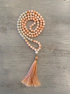 Vintage Coral, Akoya Pearl, Diamond Mala / Prayer / Meditation Necklace 18 K YG