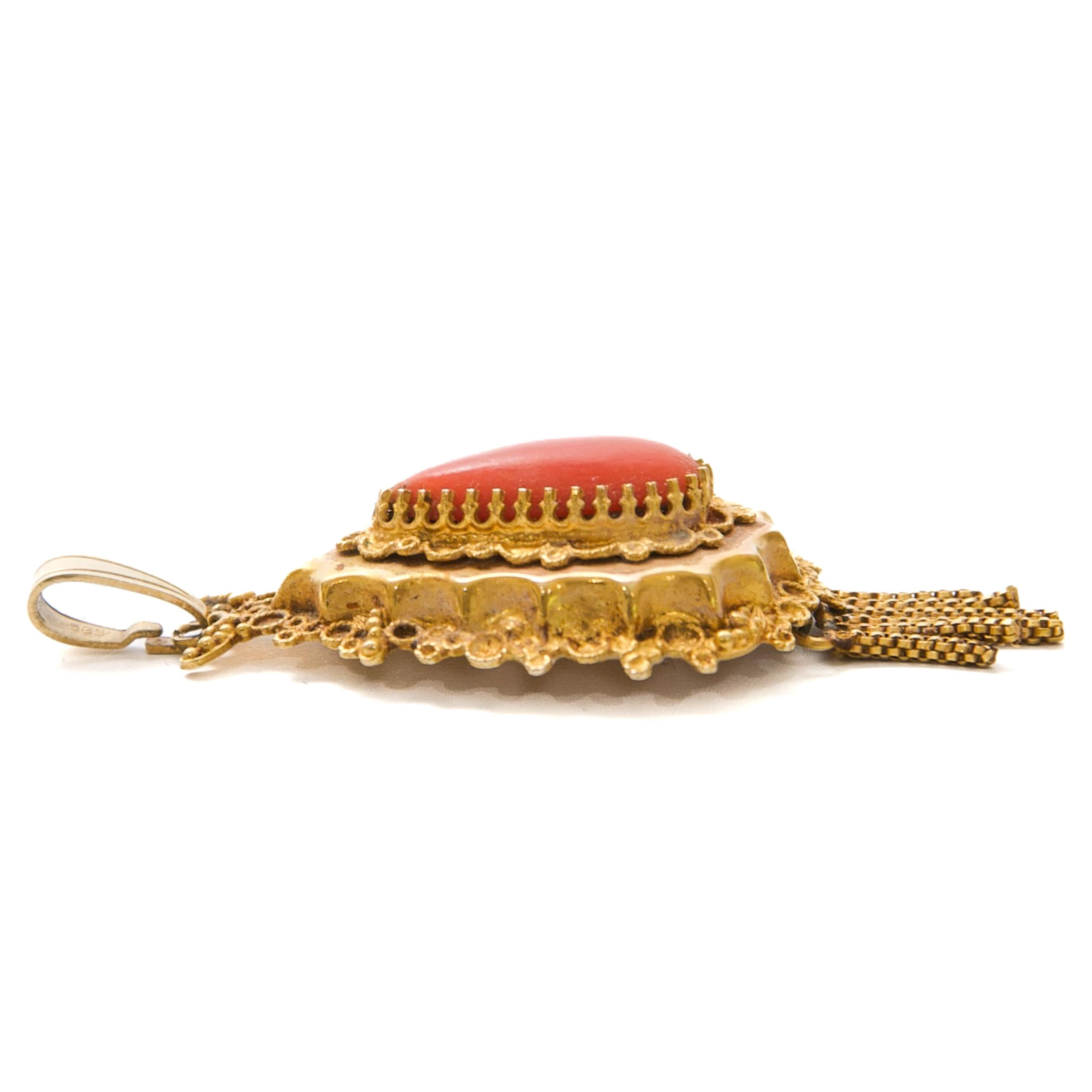 Artisan Vintage Coral and 14 Karat Gold Tassel Pendant For Sale
