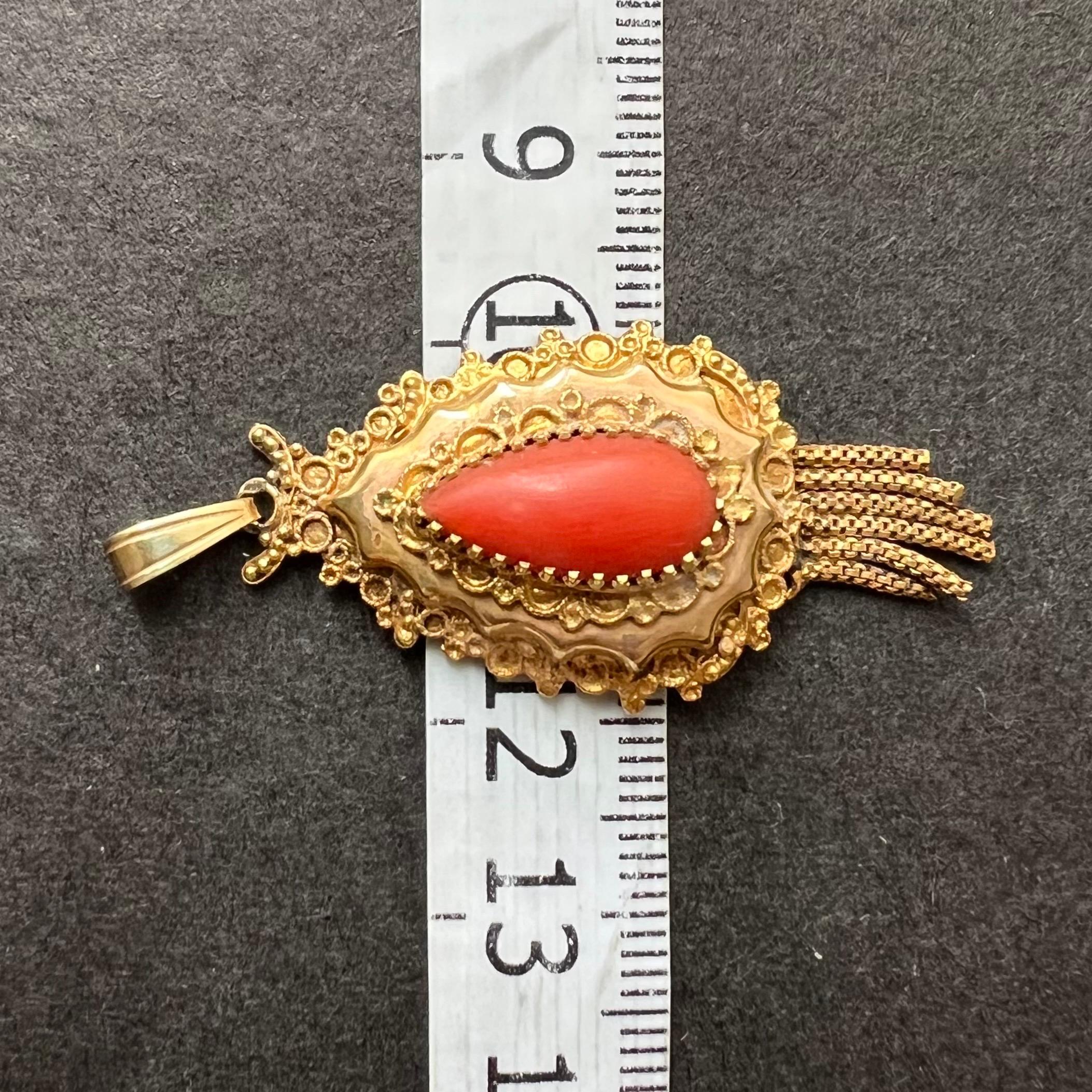 Vintage Coral and 14 Karat Gold Tassel Pendant For Sale 3