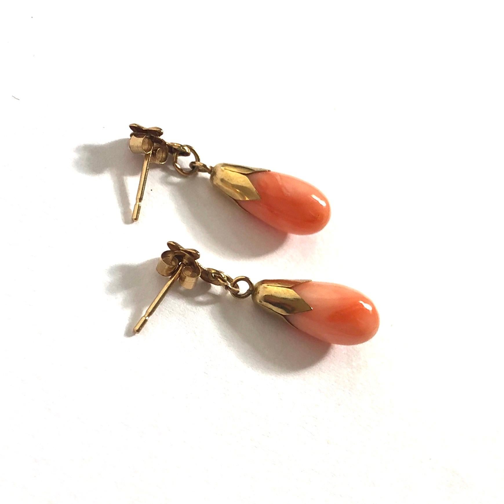 Modern Vintage Coral and 9 Carat Gold Drop Earrings