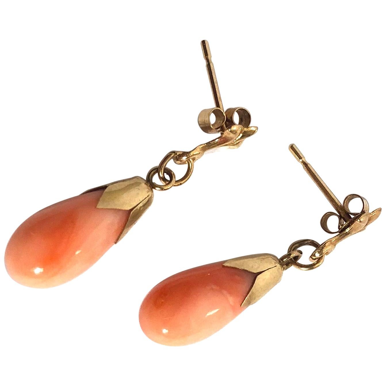 Vintage Coral and 9 Carat Gold Drop Earrings