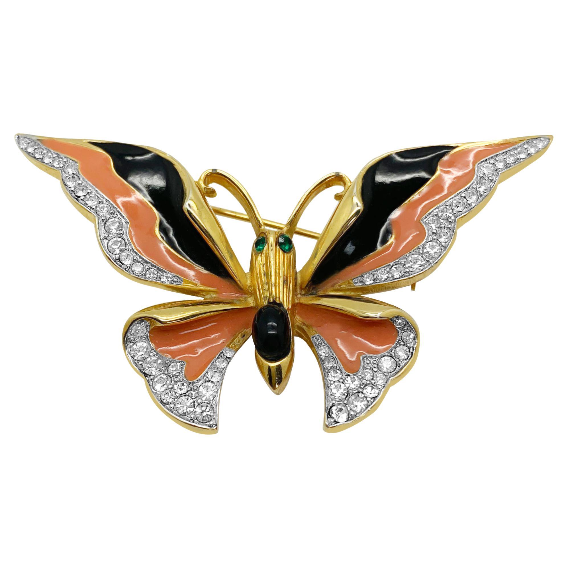 Vintage Coral and Black Enamel Butterfly Brooch 1960s For Sale