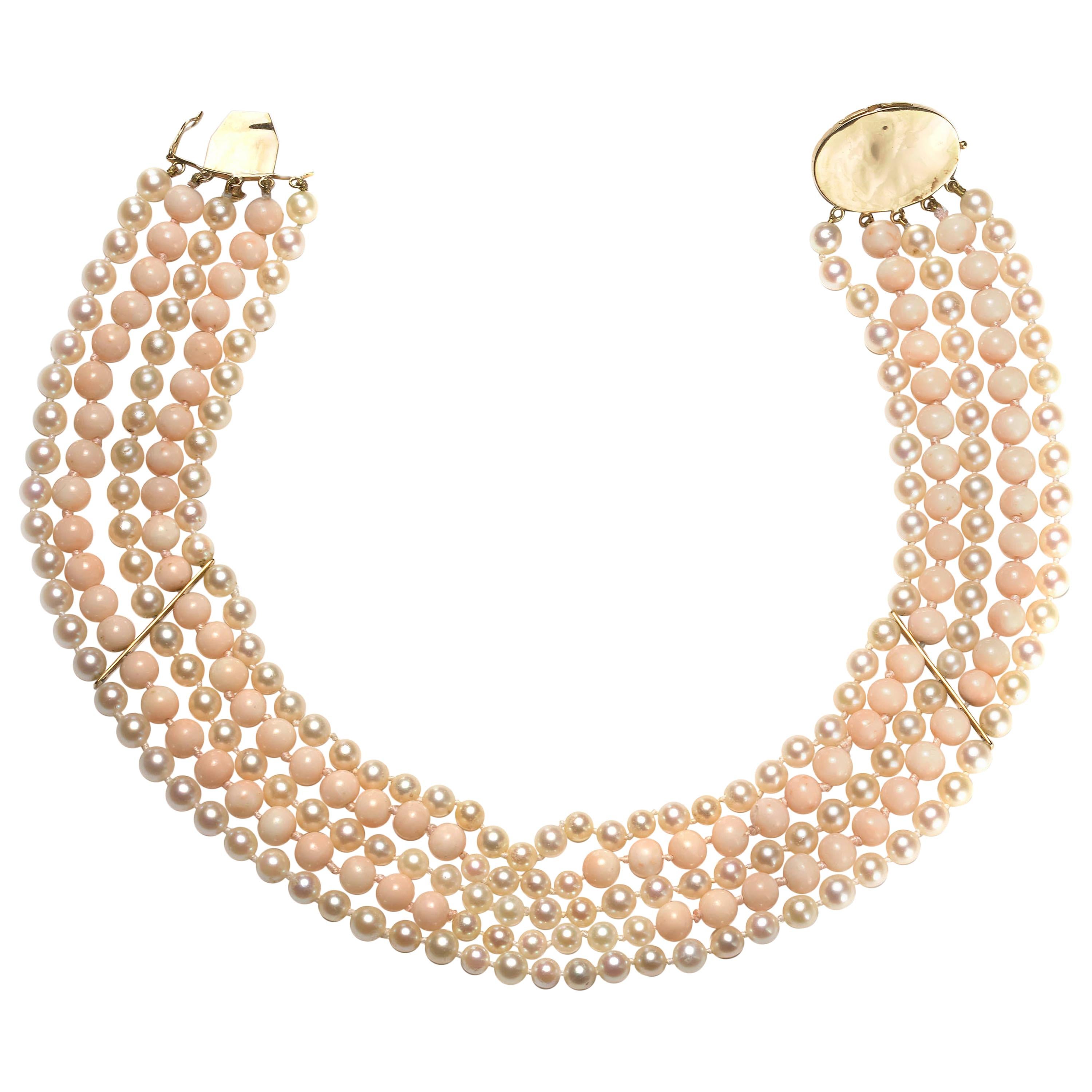 Contemporary Vintage Coral and Cultured Pearl Five Row Necklace, Circa 1970 For Sale