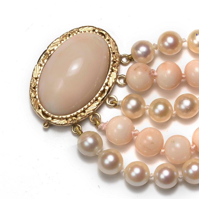 Vintage Coral and Cultured Pearl Five Row Necklace, Circa 1970 For Sale