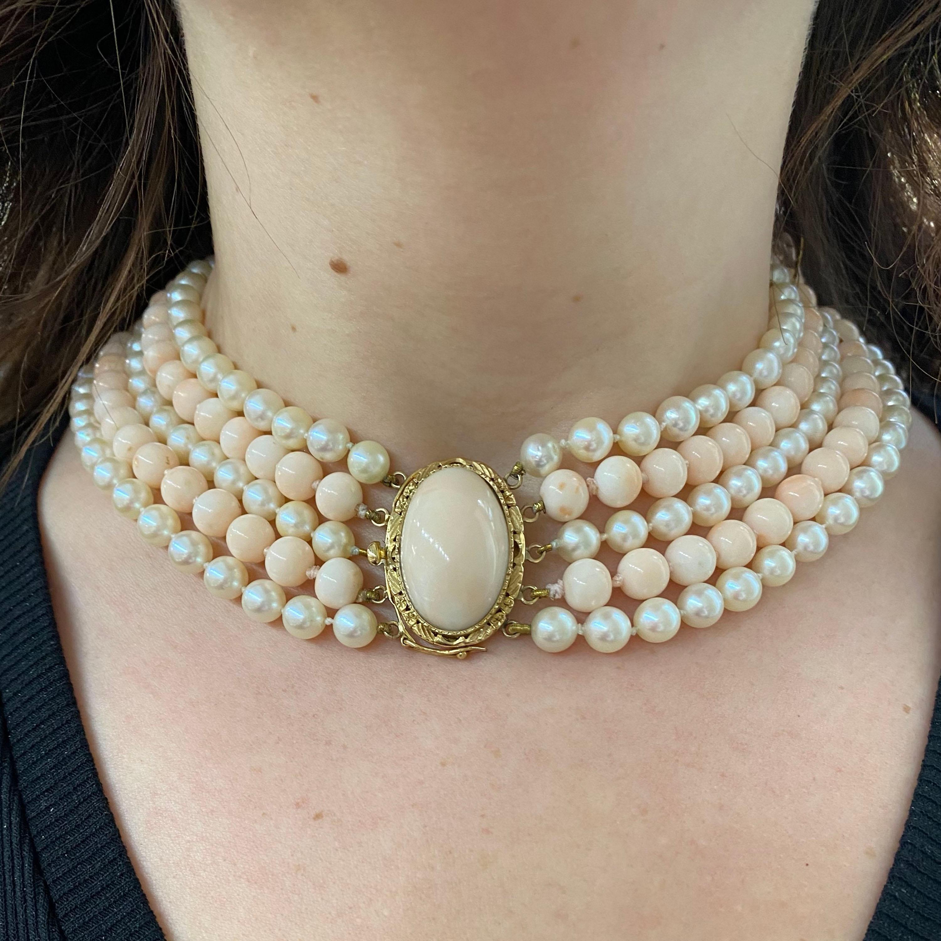 Women's Vintage Coral and Cultured Pearl Five Row Necklace, Circa 1970 For Sale