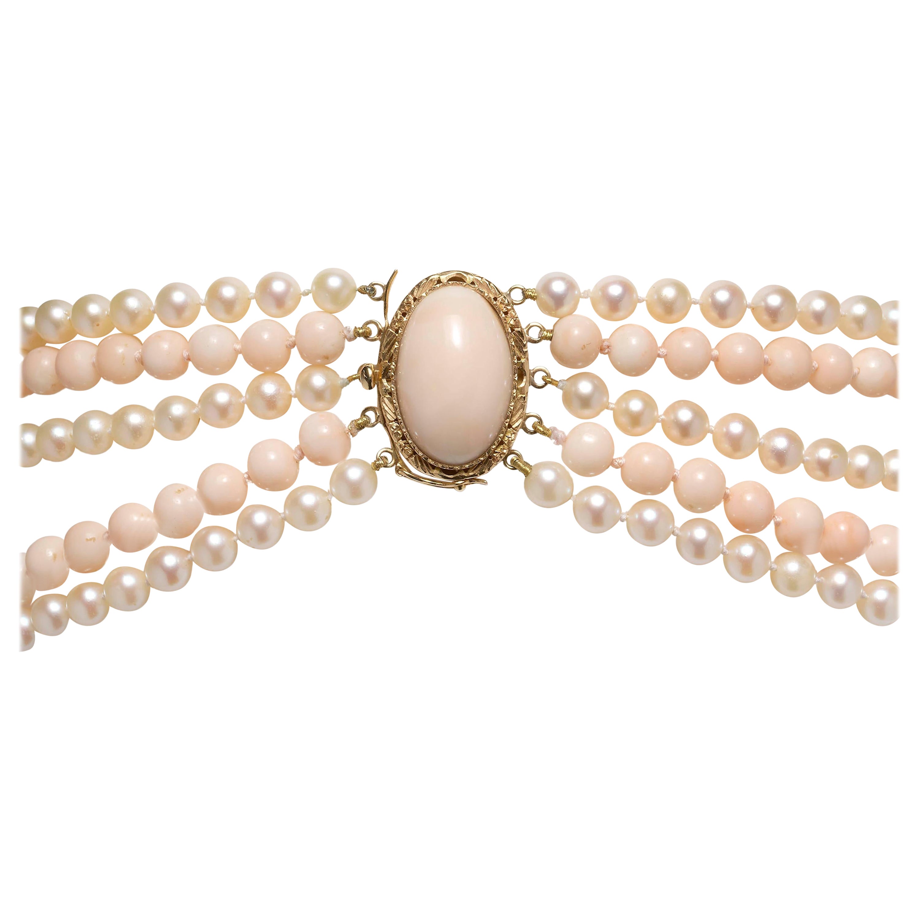 Vintage Coral and Cultured Pearl Five Row Necklace, Circa 1970 For Sale