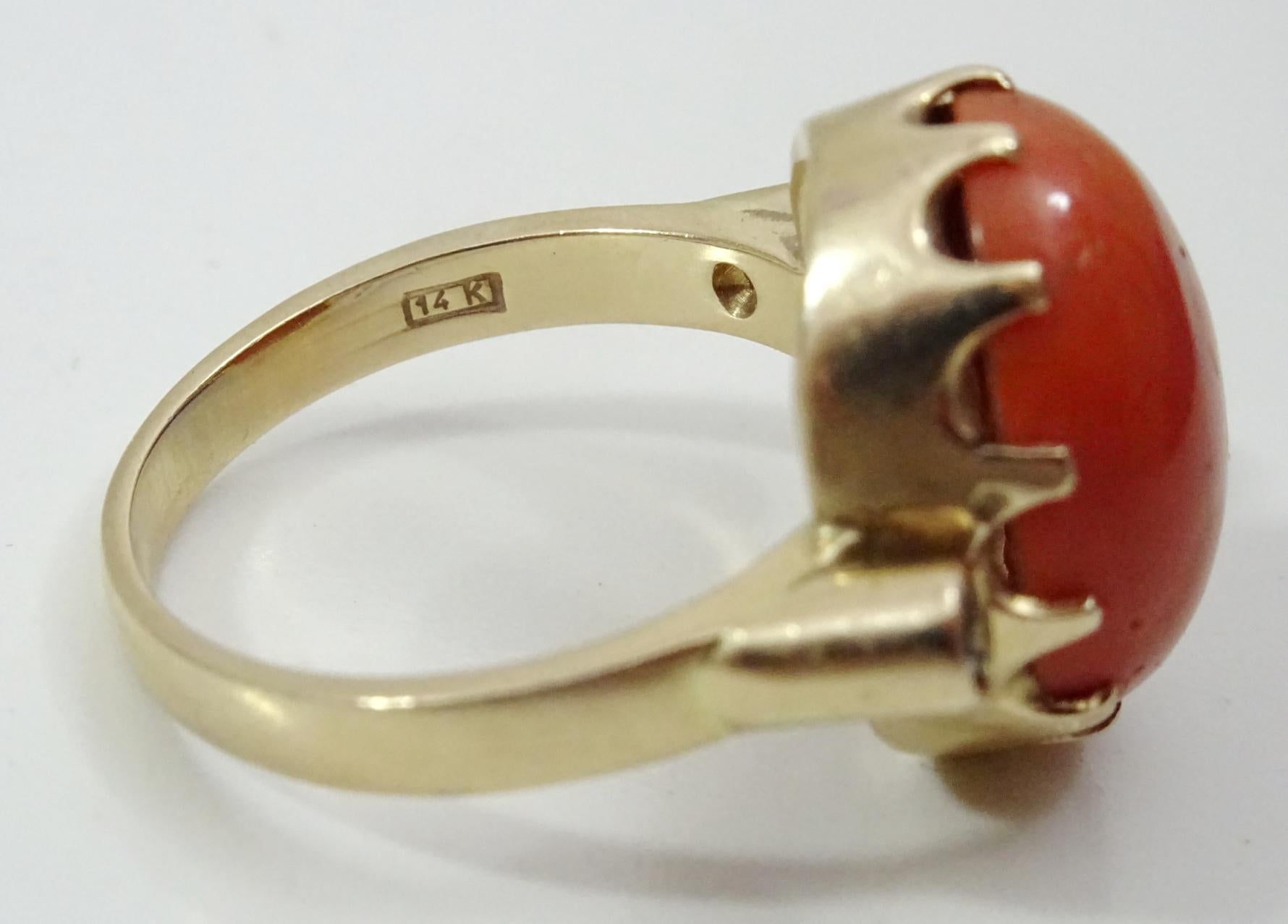 Post-War Vintage Coral and Diamond 14 karat Gold Ring For Sale