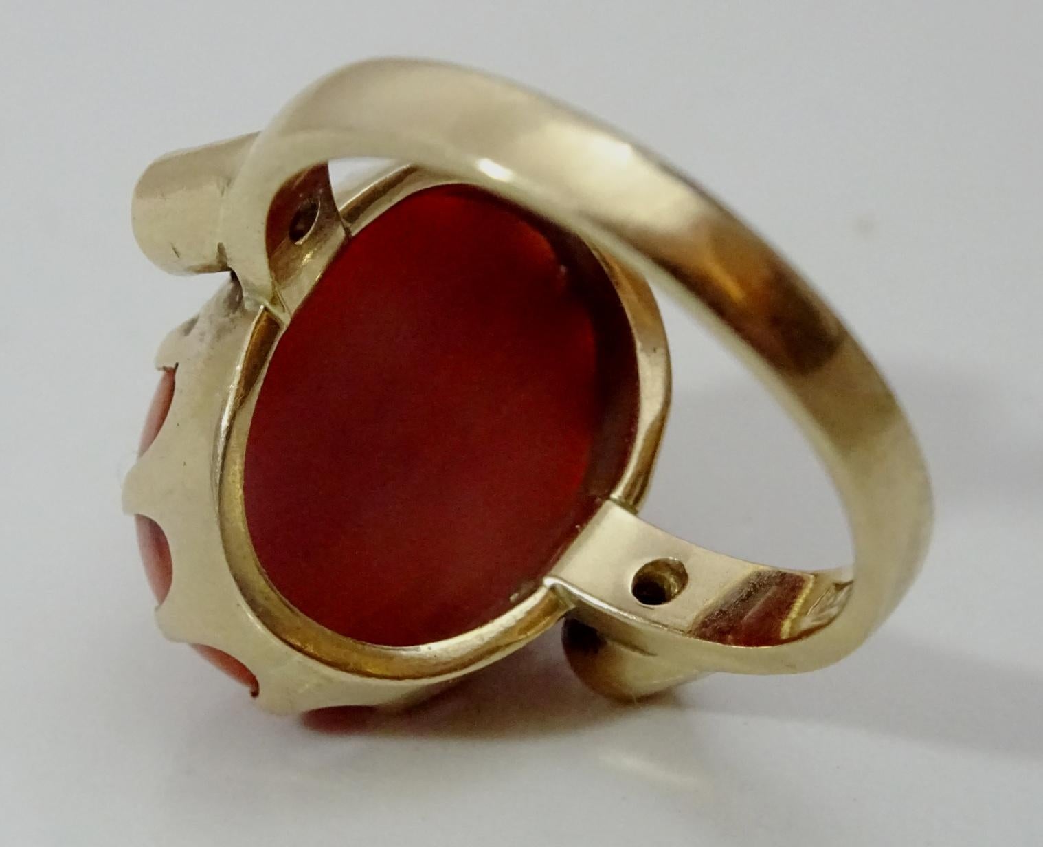Oval Cut Vintage Coral and Diamond 14 karat Gold Ring For Sale