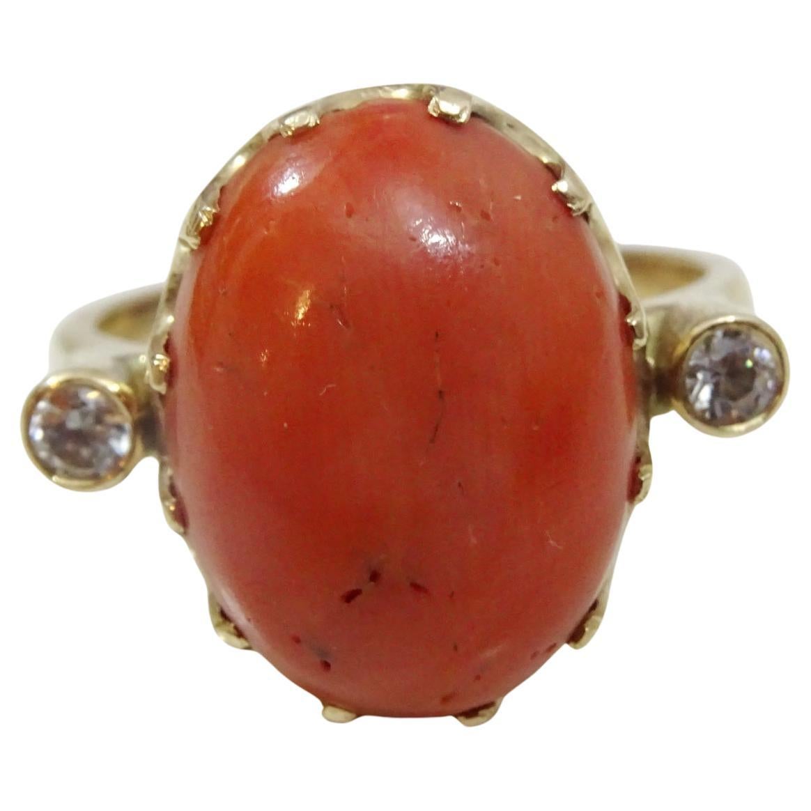 Vintage Coral and Diamond 14 karat Gold Ring For Sale