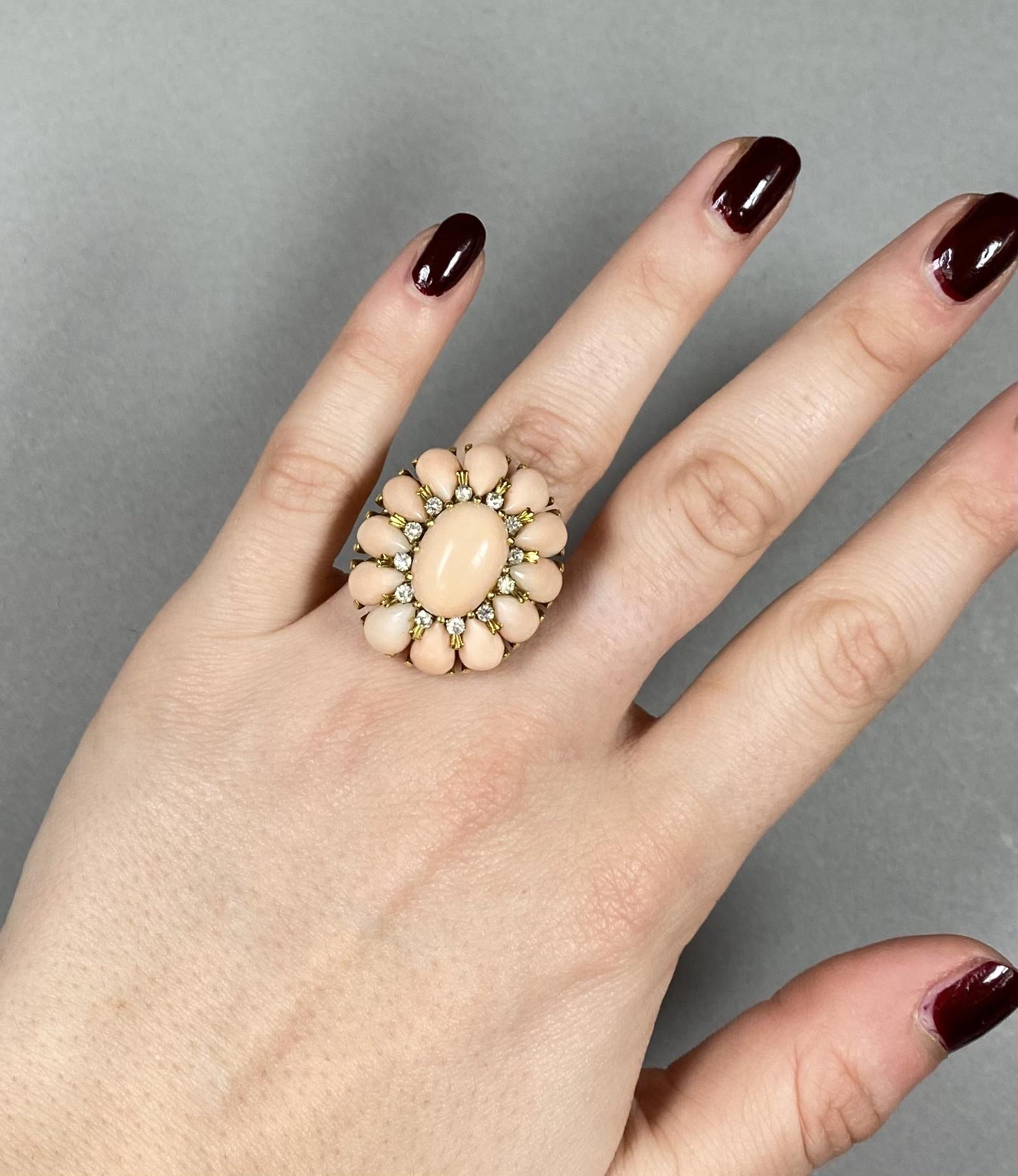 Vintage Coral and Diamond Cluster Ring 1