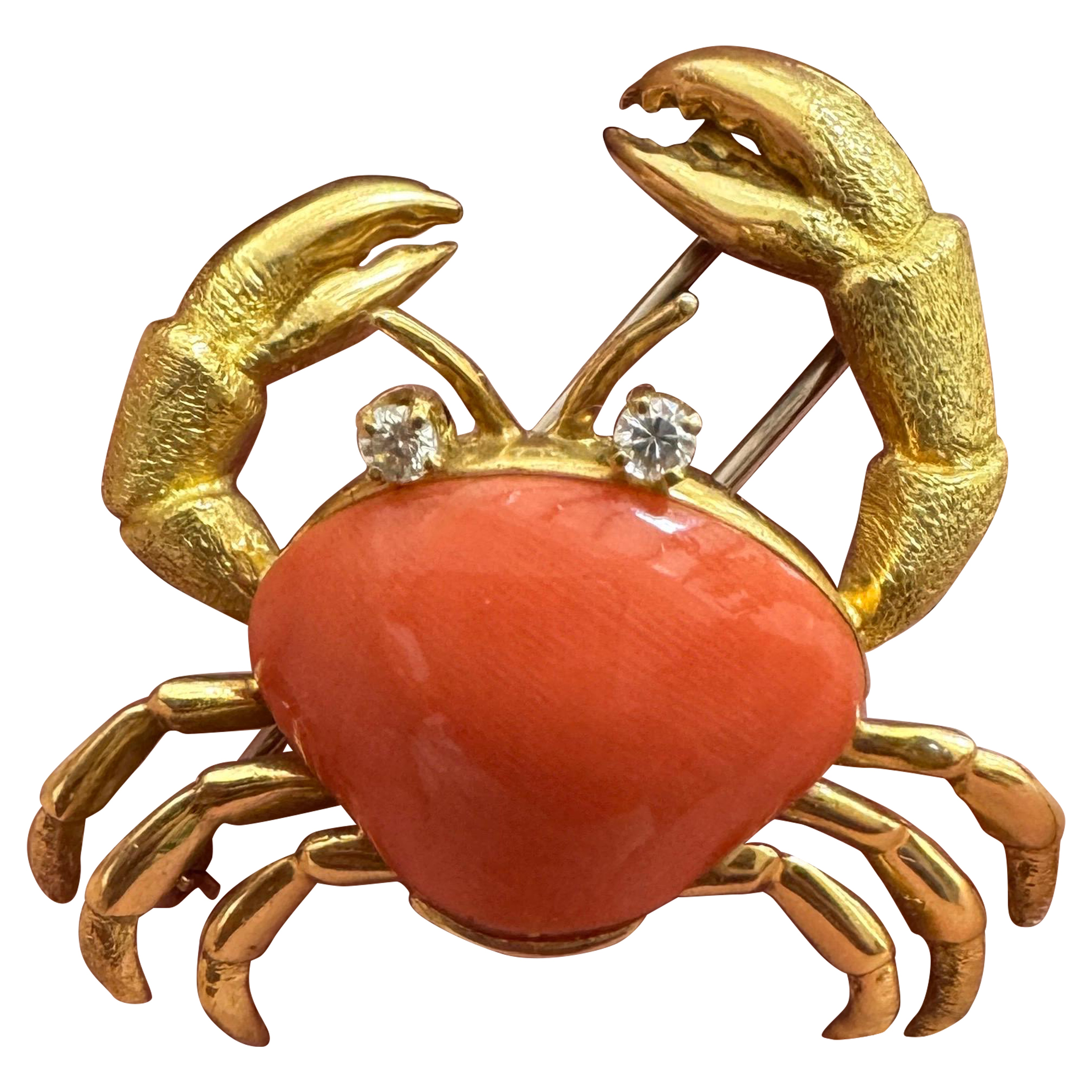 Vintage Coral and Diamond Crab Brooch – 18K Yellow Gold – Exquisite Nautical