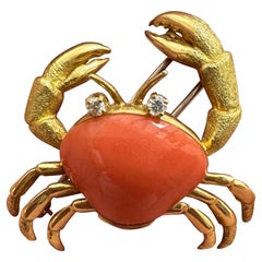 Vintage Coral and Diamond Crab Brooch – 18K Yellow Gold – Exquisite Nautical