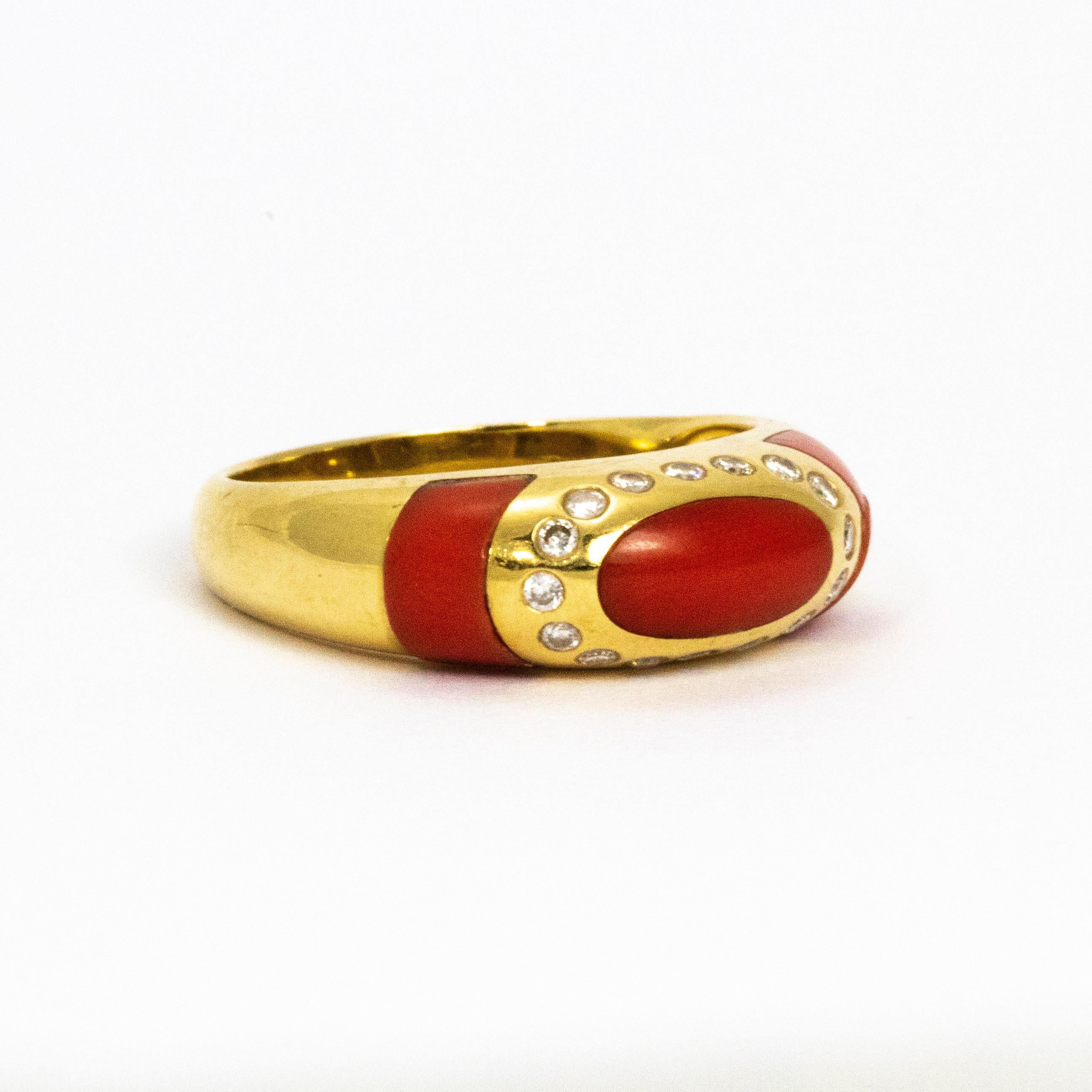 Modern Vintage Coral and Diamond Gold Ring For Sale
