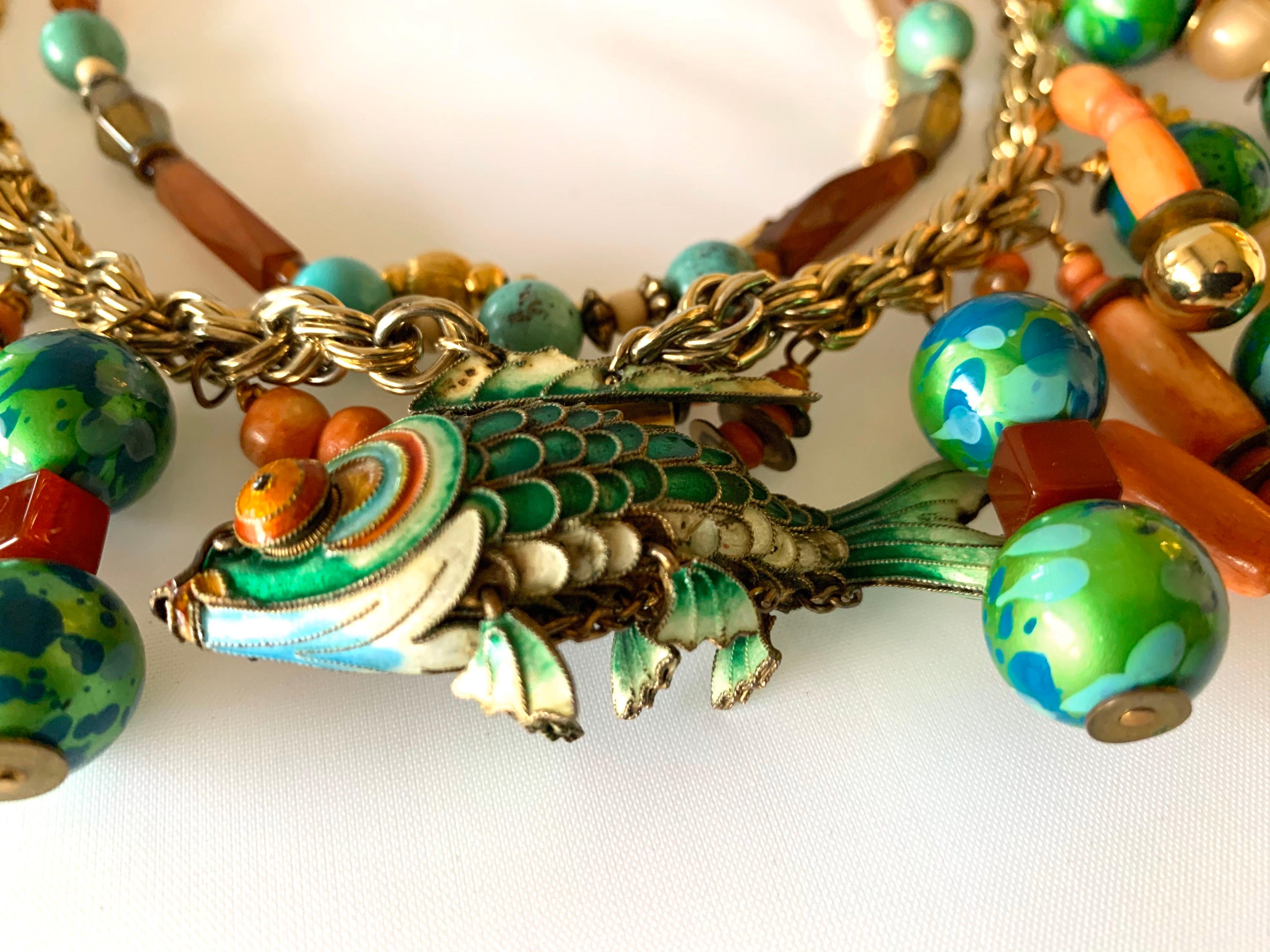Vintage Chinese Coral and Turquoise Cloisonne Enamel Koi Fish Bib Necklace 4