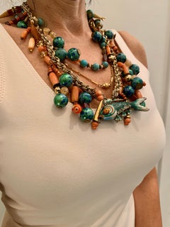 Vintage Chinese Coral and Turquoise Cloisonne Enamel Koi Fish Bib Necklace