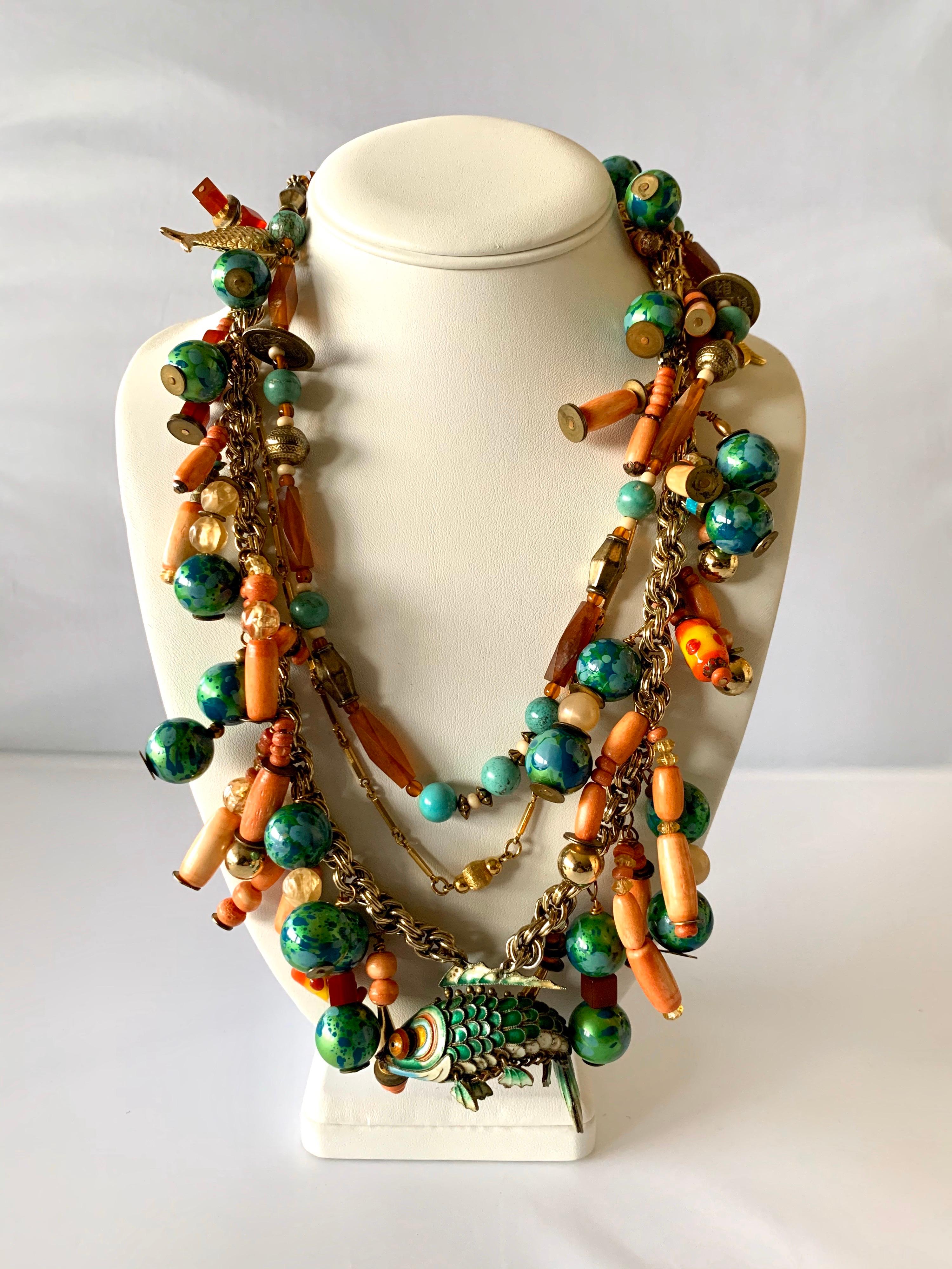 Artisan Vintage Chinese Coral and Turquoise Cloisonne Enamel Koi Fish Bib Necklace