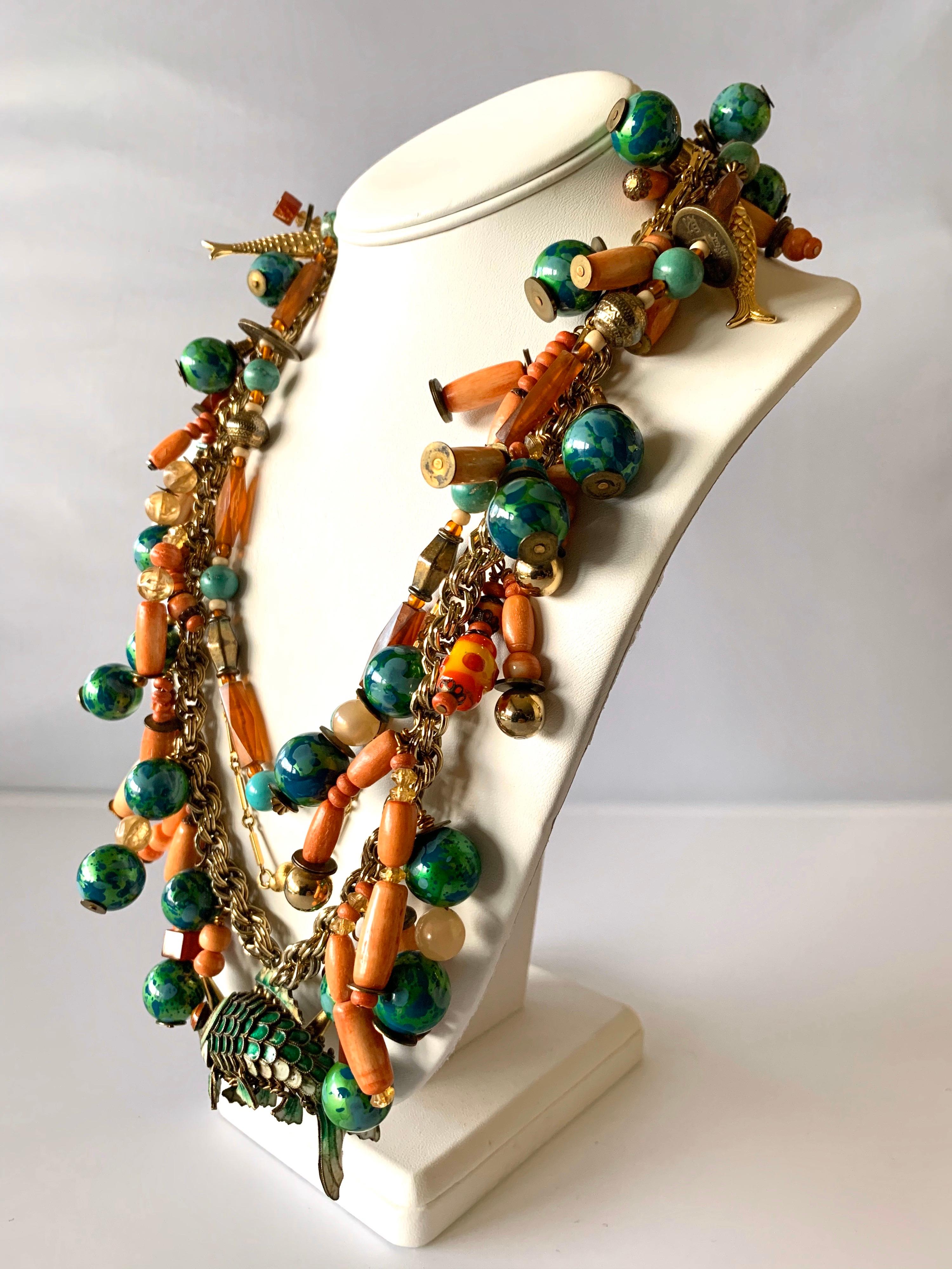 Vintage Chinese Coral and Turquoise Cloisonne Enamel Koi Fish Bib Necklace In Excellent Condition In Palm Springs, CA