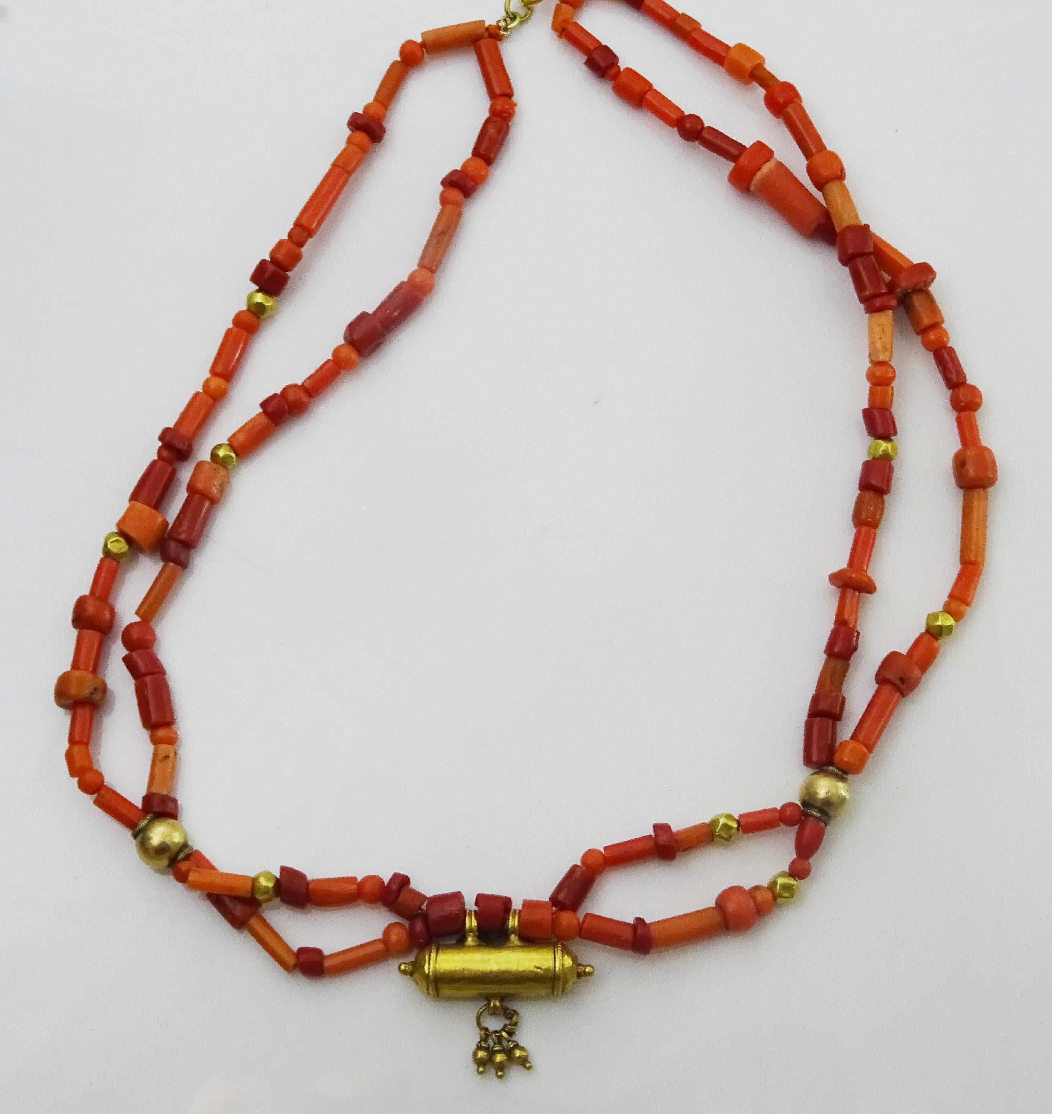 Vintage Coral Beads , 21 karat gold amulet , 18 karat gold beads Necklace In New Condition For Sale In Jerusalem, IL