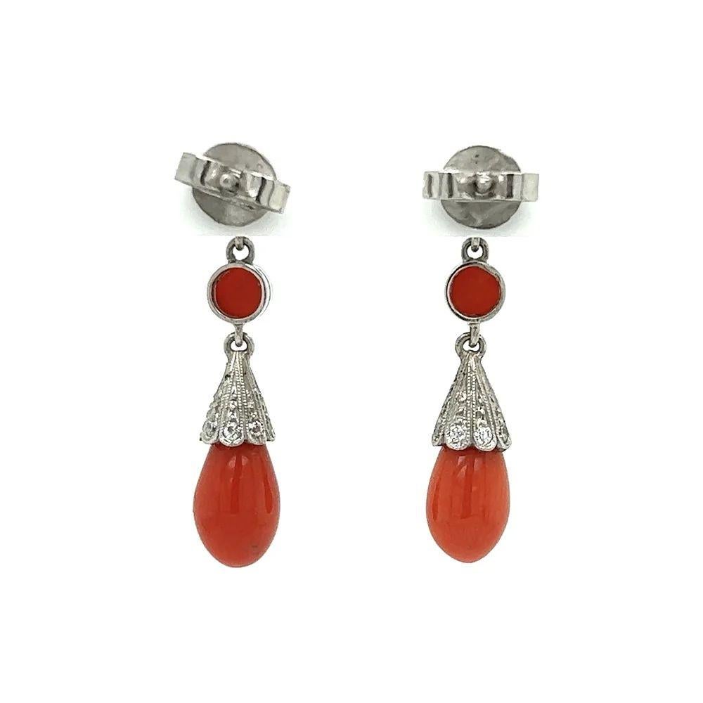Women's Vintage Coral Briolette Drop and Diamond Platinum Dangle Earrings For Sale