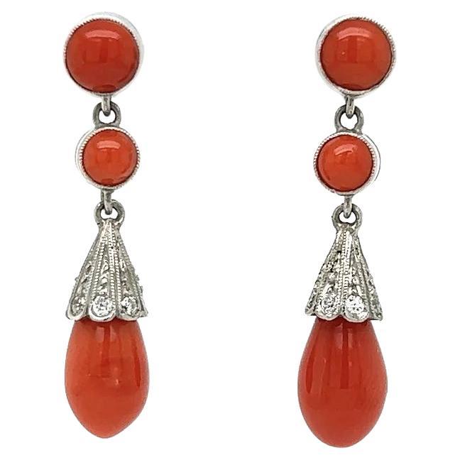 Vintage Coral Briolette Drop and Diamond Platinum Dangle Earrings For Sale