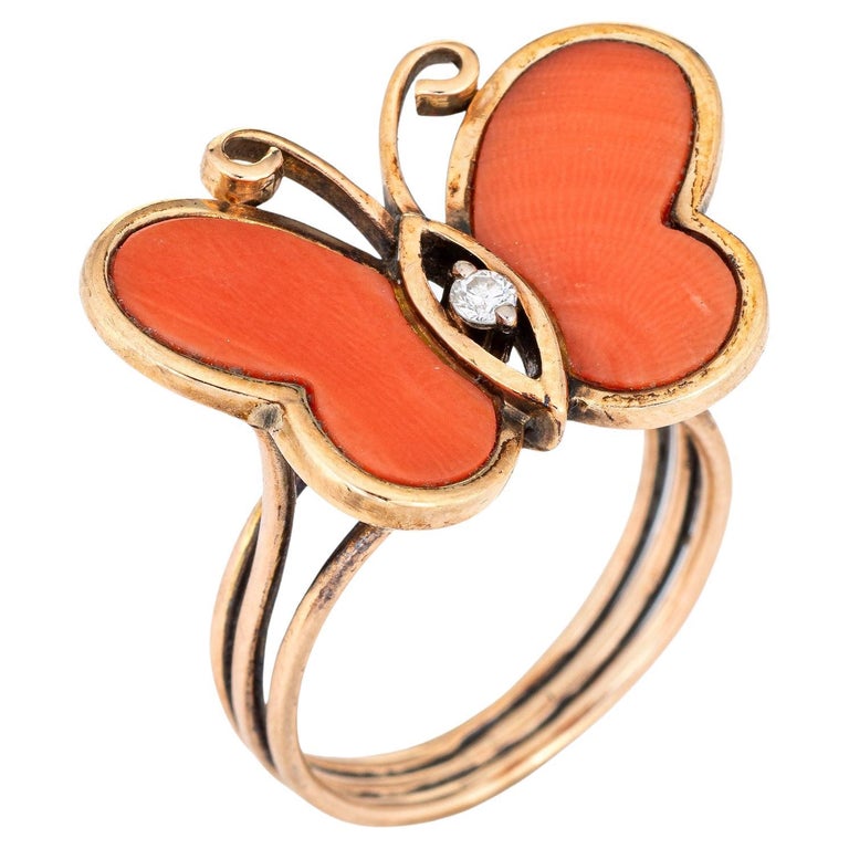 Vintage Coral Butterfly Ring Diamond 14k Yellow Gold Estate Fine