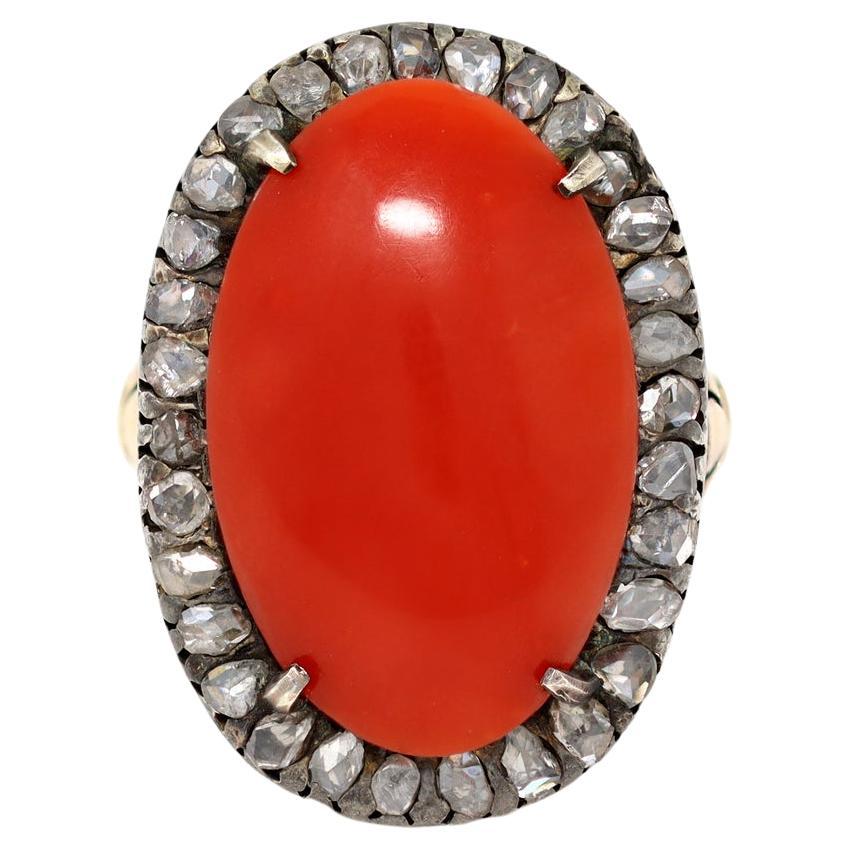 Vintage Coral Cabochon and Rose Cut Diamond Cocktail Ring in 14k and Silver For Sale