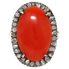 Vintage Coral Cabochon and Rose Cut Diamond Cocktail Ring in 14k and Silver