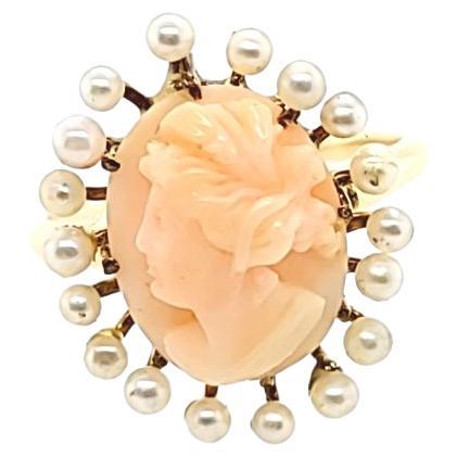 Vintage Coral Cameo and Seed Pearl Ring