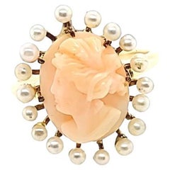 Vintage Coral Cameo and Seed Pearl Ring