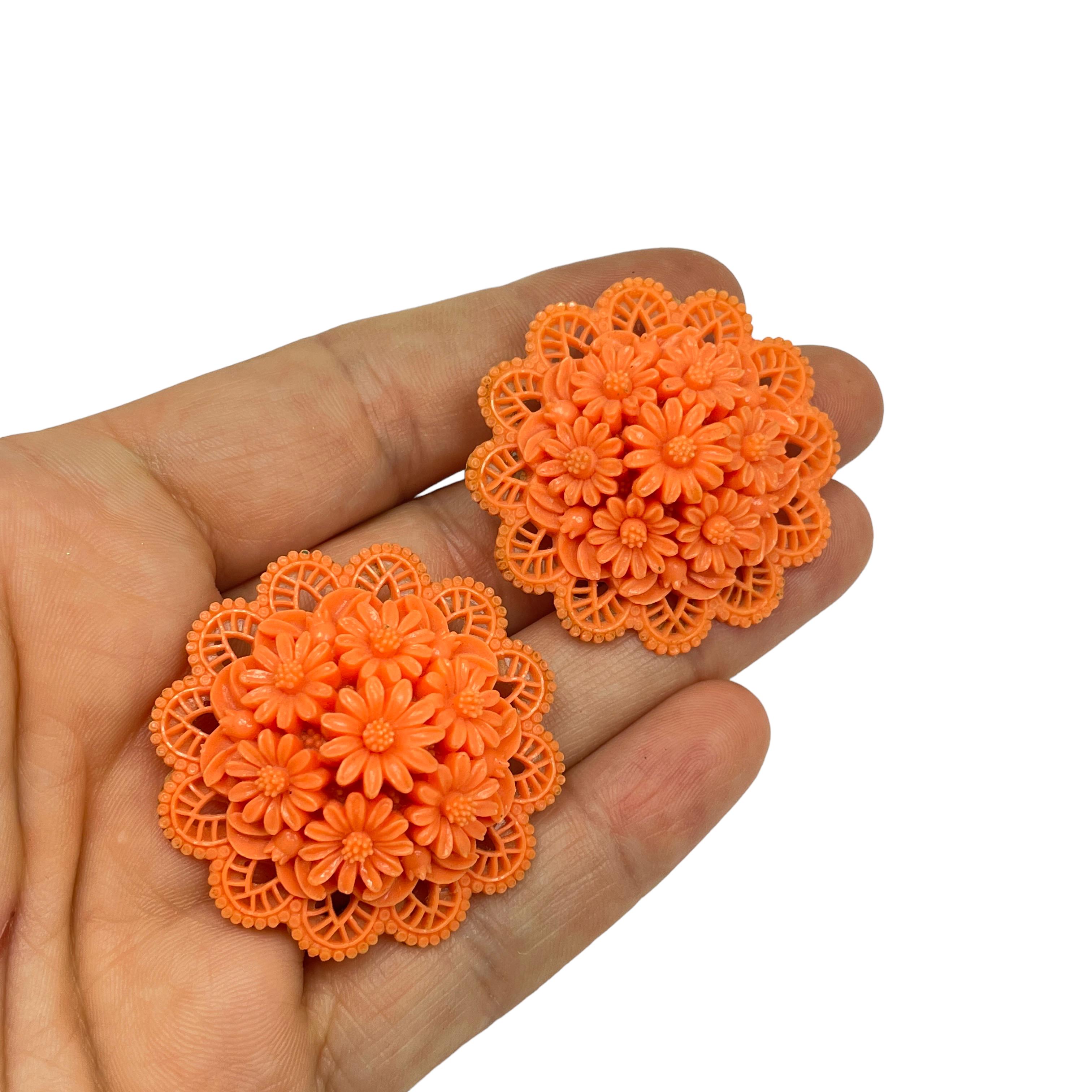 Women's or Men's Vintage coral celluloid flower clip on earrings For Sale
