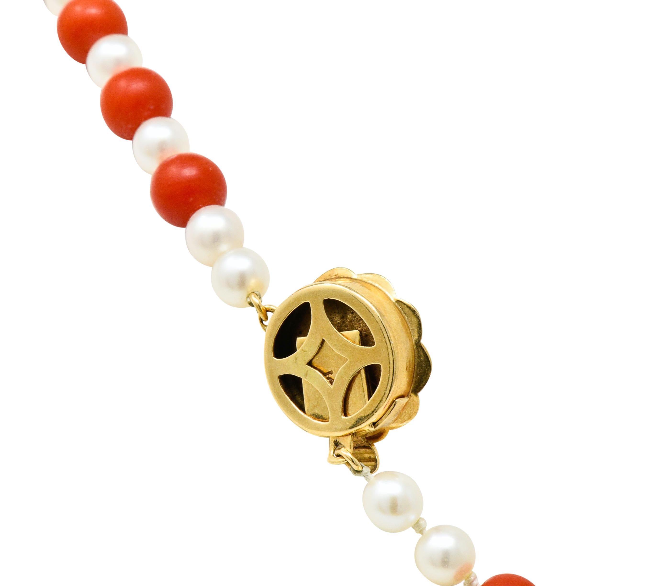 Vintage Coral Cultured Pearl 14 Karat Gold Strand Necklace For Sale 4