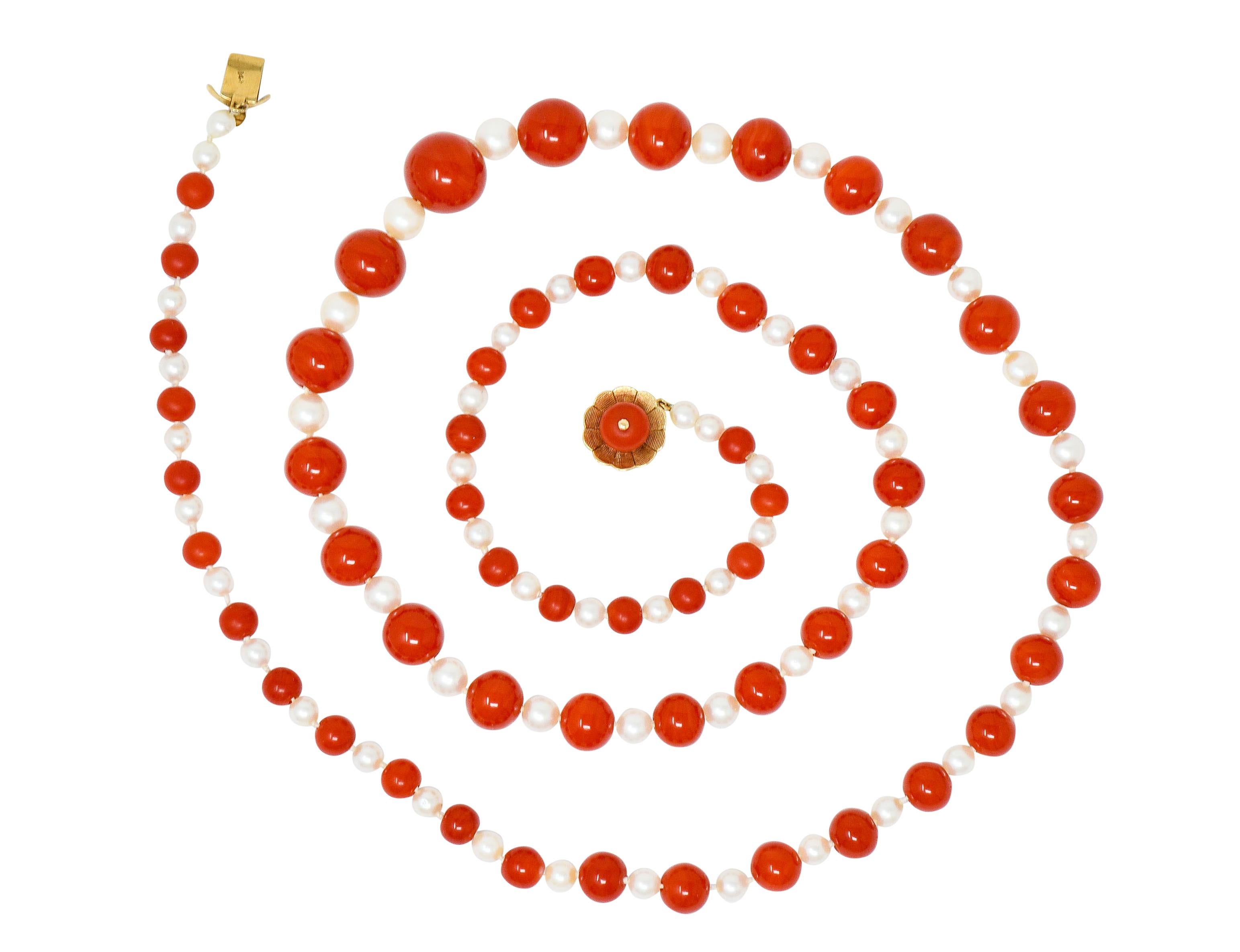 Contemporary Vintage Coral Cultured Pearl 14 Karat Gold Strand Necklace For Sale