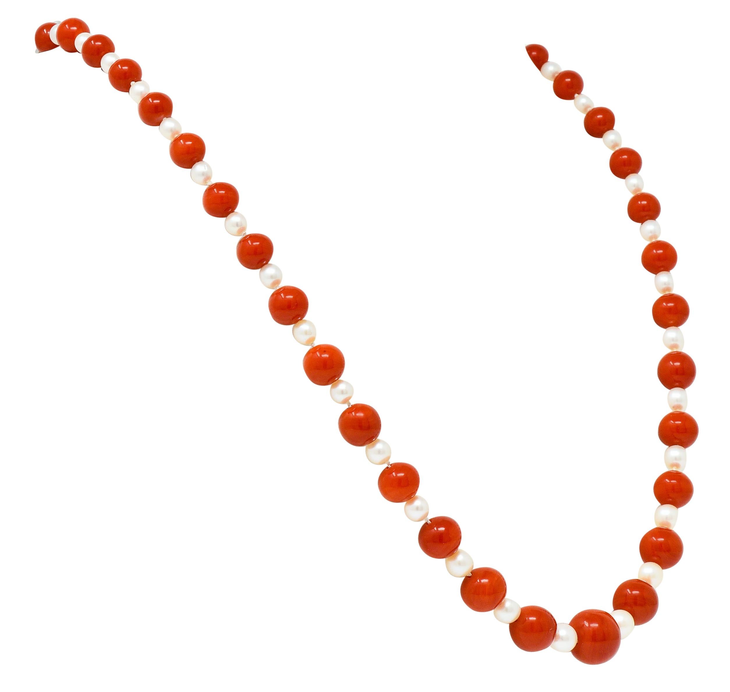 Bead Vintage Coral Cultured Pearl 14 Karat Gold Strand Necklace For Sale