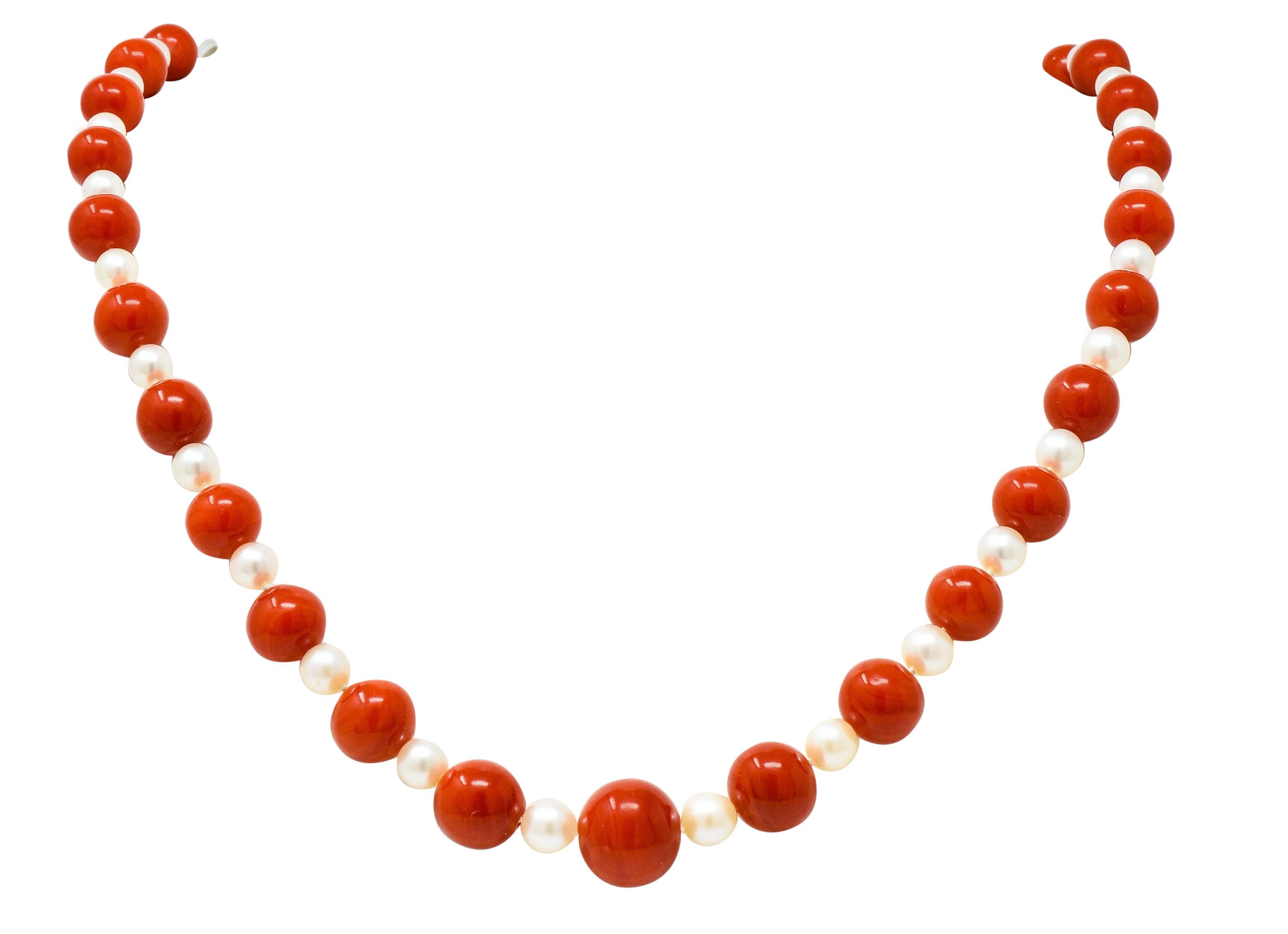 Vintage Coral Cultured Pearl 14 Karat Gold Strand Necklace In Excellent Condition For Sale In Philadelphia, PA