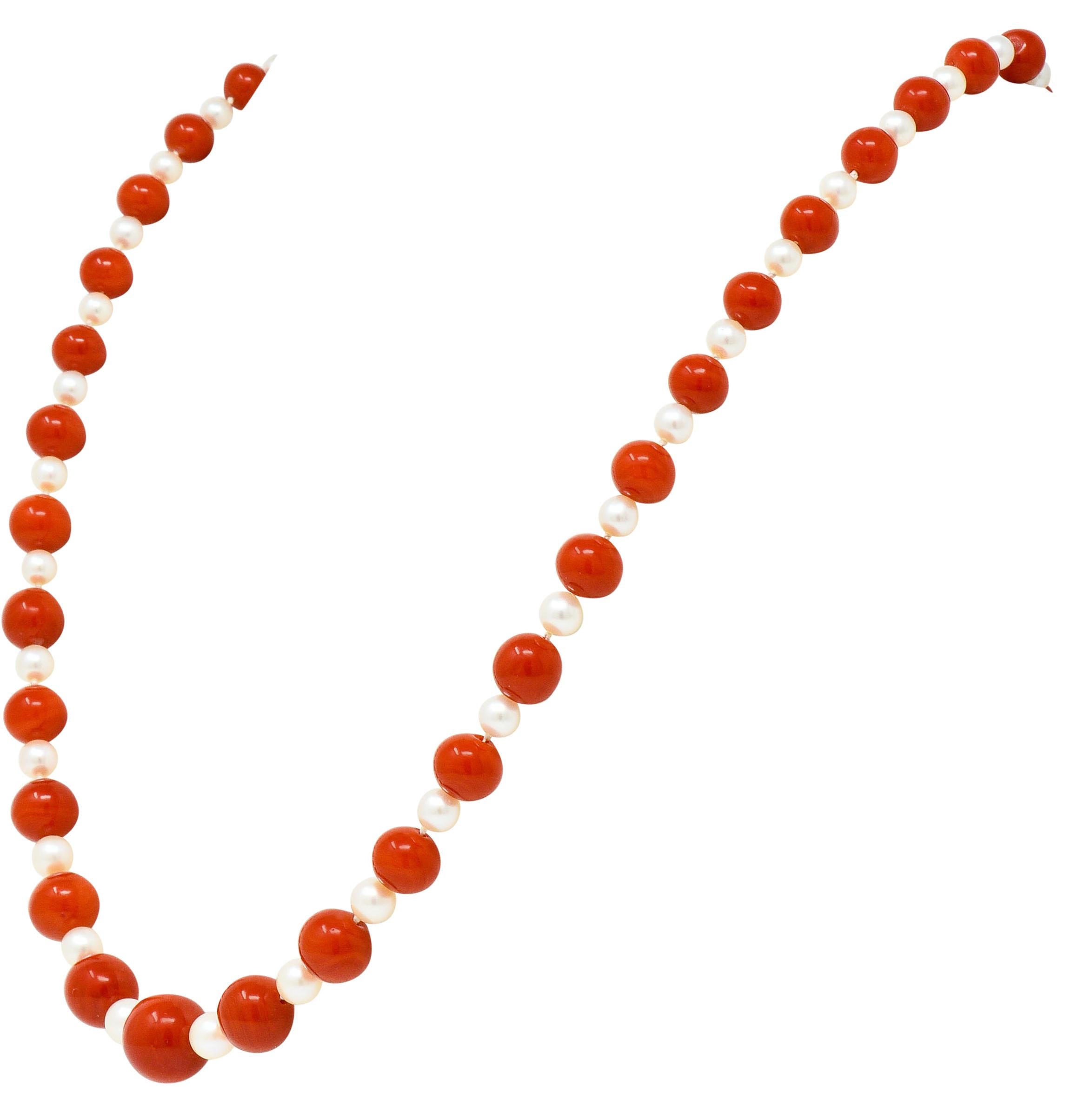 Women's or Men's Vintage Coral Cultured Pearl 14 Karat Gold Strand Necklace For Sale