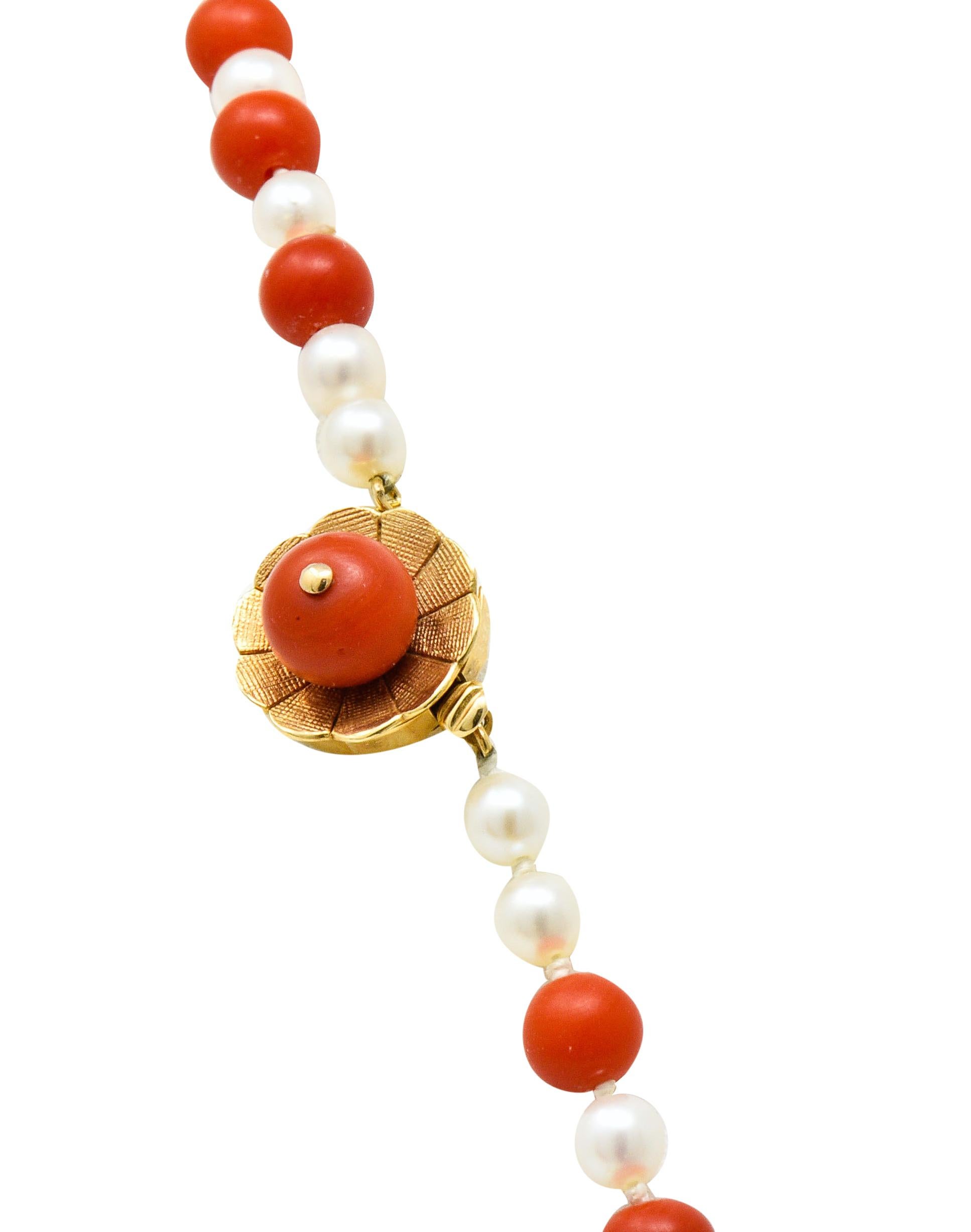Vintage Coral Cultured Pearl 14 Karat Gold Strand Necklace For Sale 3