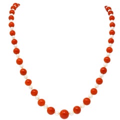 Retro Coral Cultured Pearl 14 Karat Gold Strand Necklace